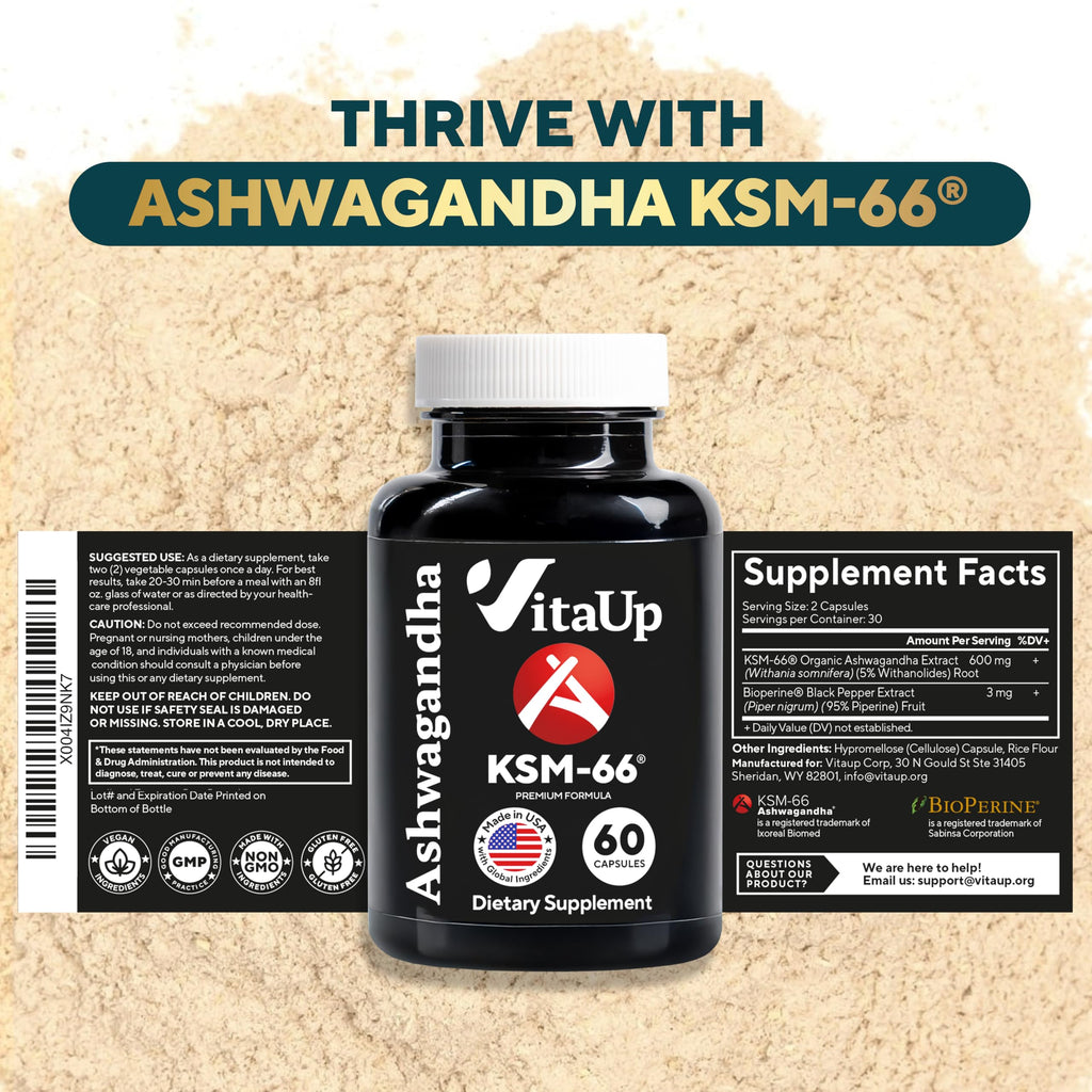 VitaUp Ashwagandha KSM-66 with Bioperine – USA Made, Relaxation & Focus