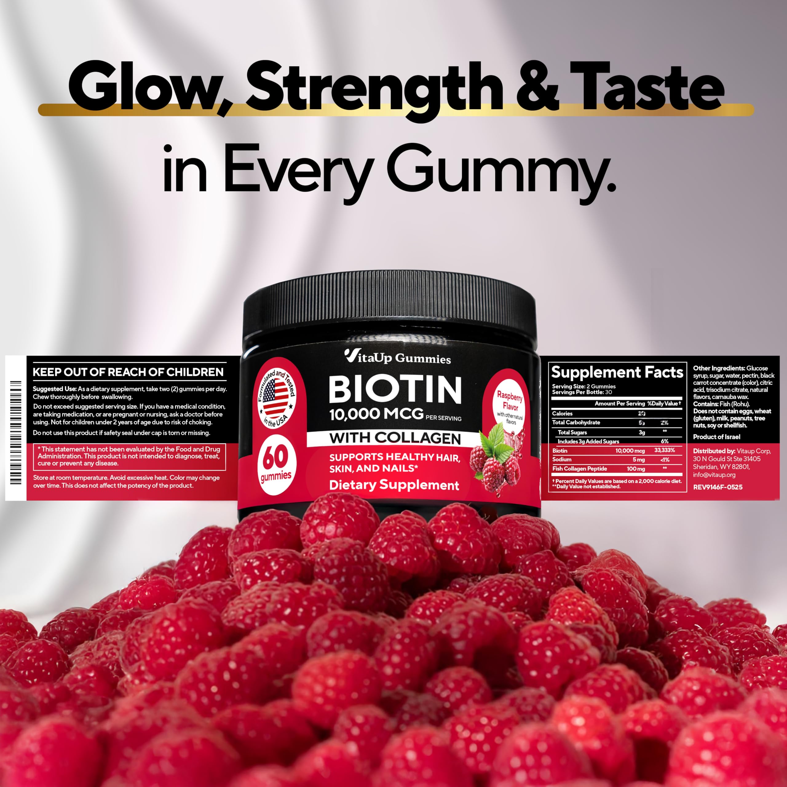 VitaUp Biotin Gummies 10000mcg – Extra Strength Hair, Skin & Nails with Collagen (60 ct)