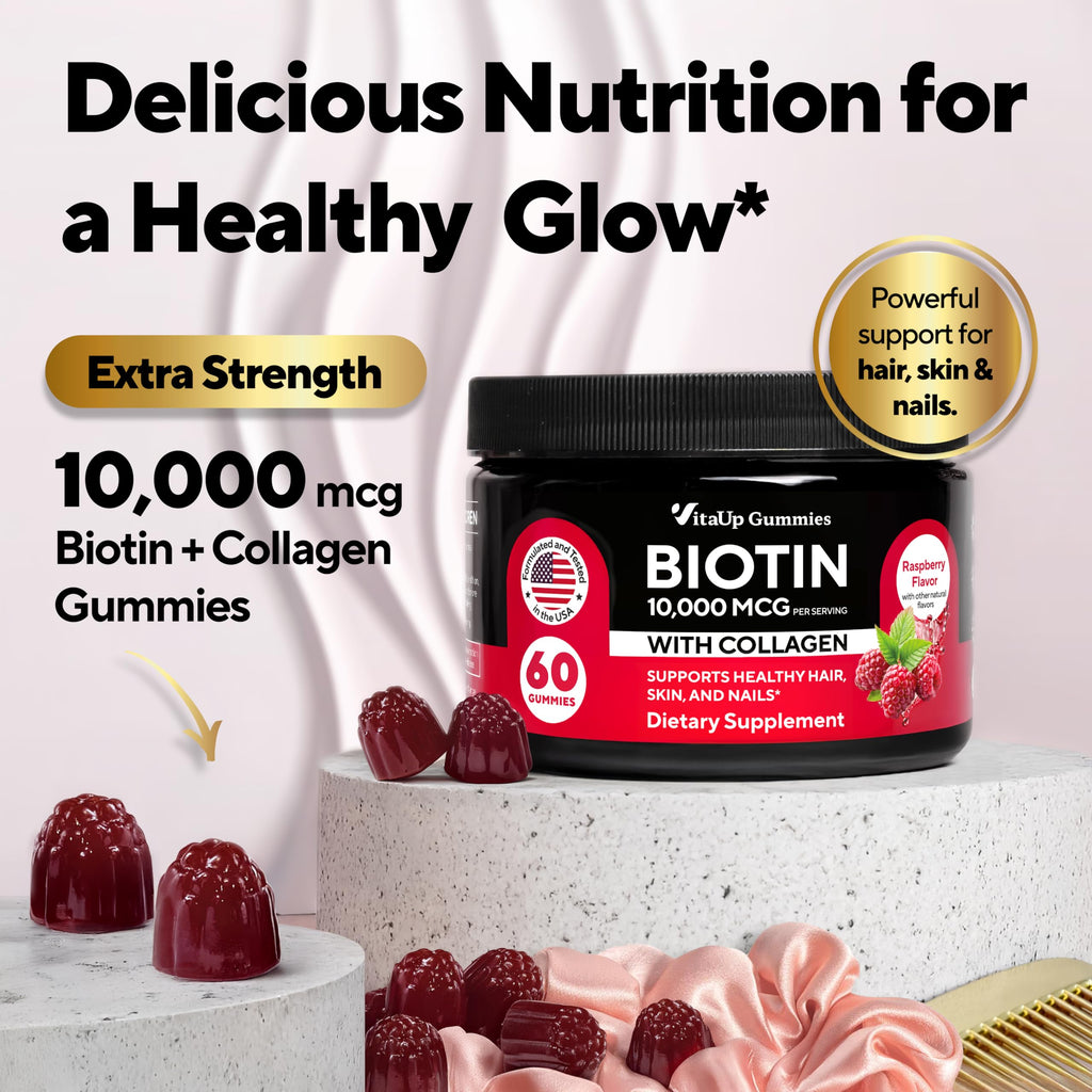 VitaUp Biotin Gummies 10000mcg – Extra Strength Hair, Skin & Nails with Collagen (60 ct)