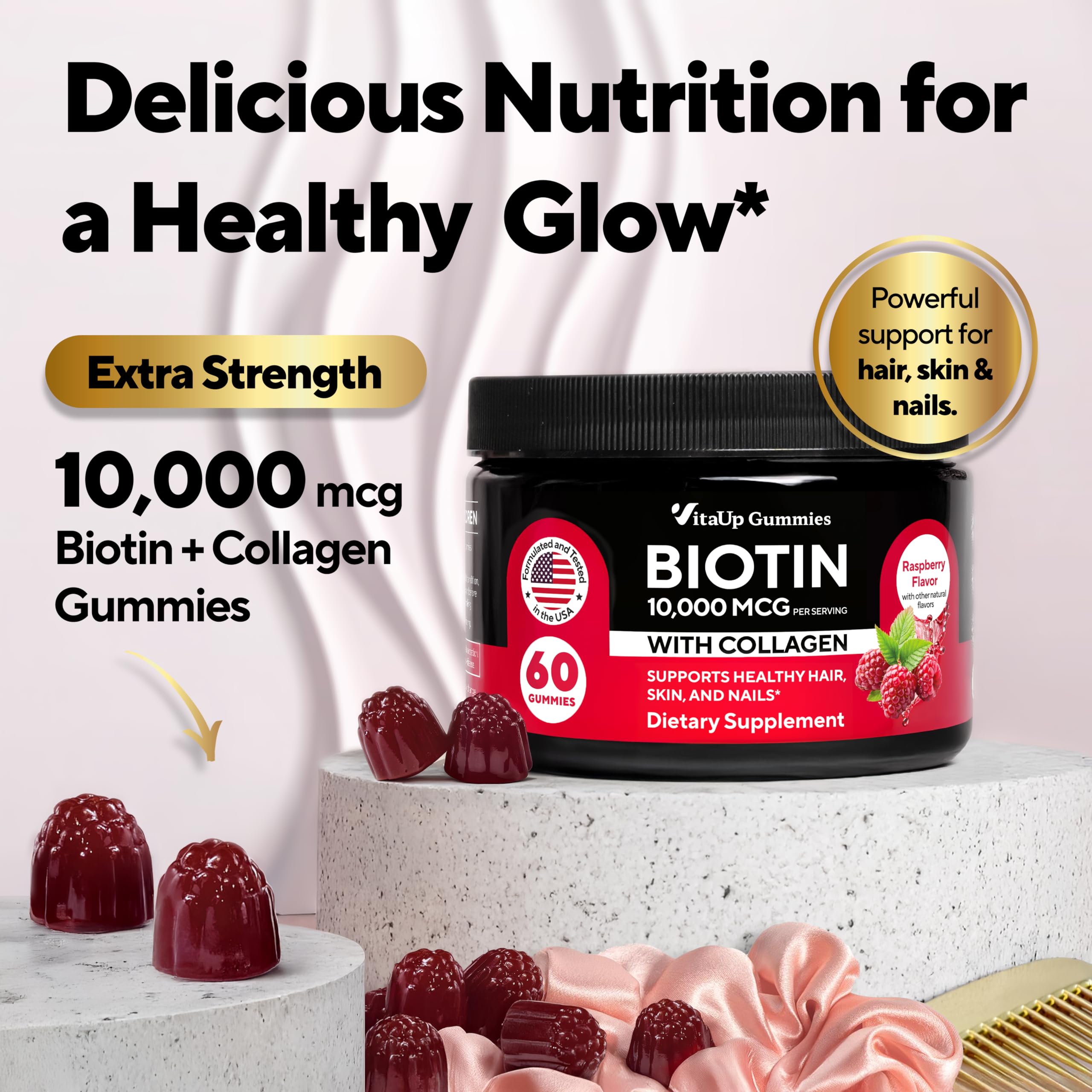 VitaUp Biotin Gummies 10000mcg – Extra Strength Hair, Skin & Nails with Collagen (60 ct)