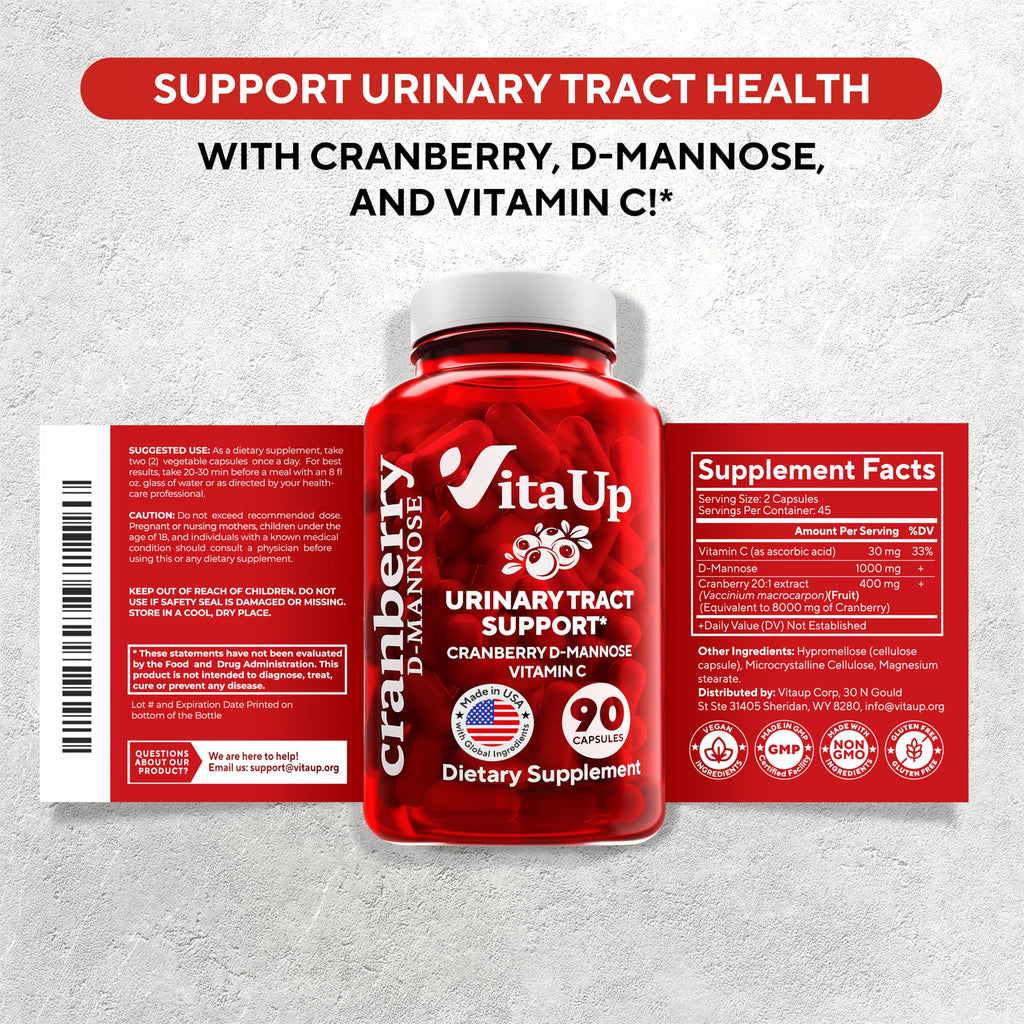 VitaUp D-Mannose with Cranberry & Vitamin C – USA Made 1000mg Capsules (90 Count)