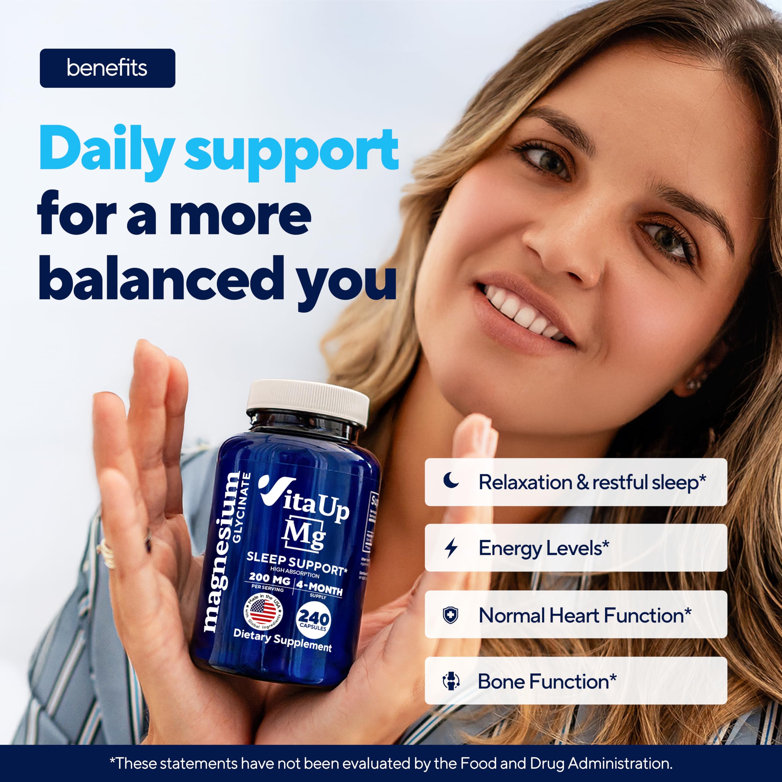 VitaUp Magnesium Glycinate 200mg – USA Made, Sleep & Heart Support