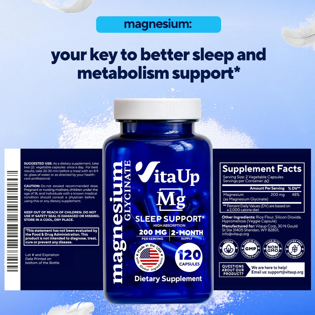 VitaUp Magnesium Glycinate 200mg - USA Made, High-Absorption for Sleep & Heart