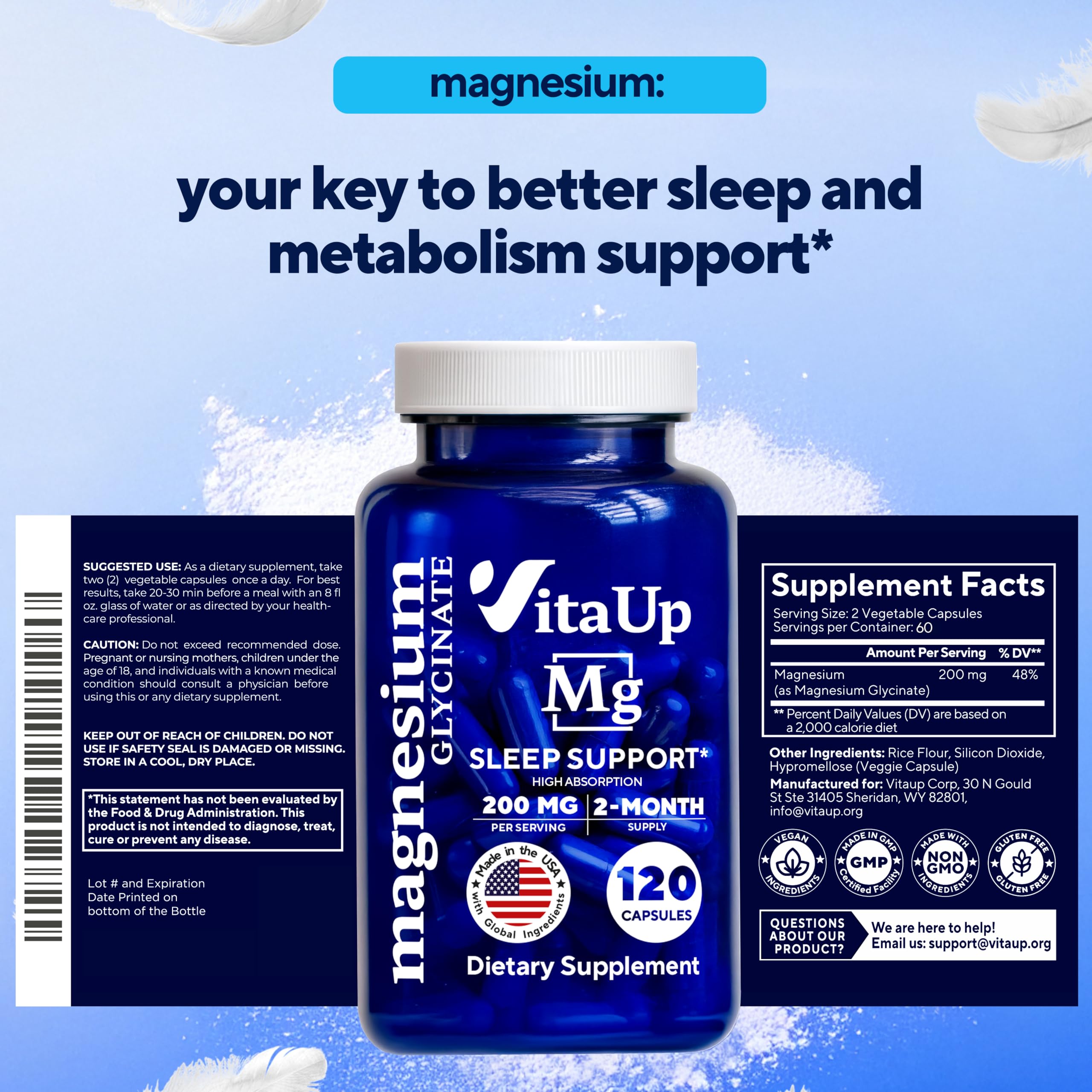 VitaUp Magnesium Glycinate 200mg - USA Made, High-Absorption for Sleep & Heart
