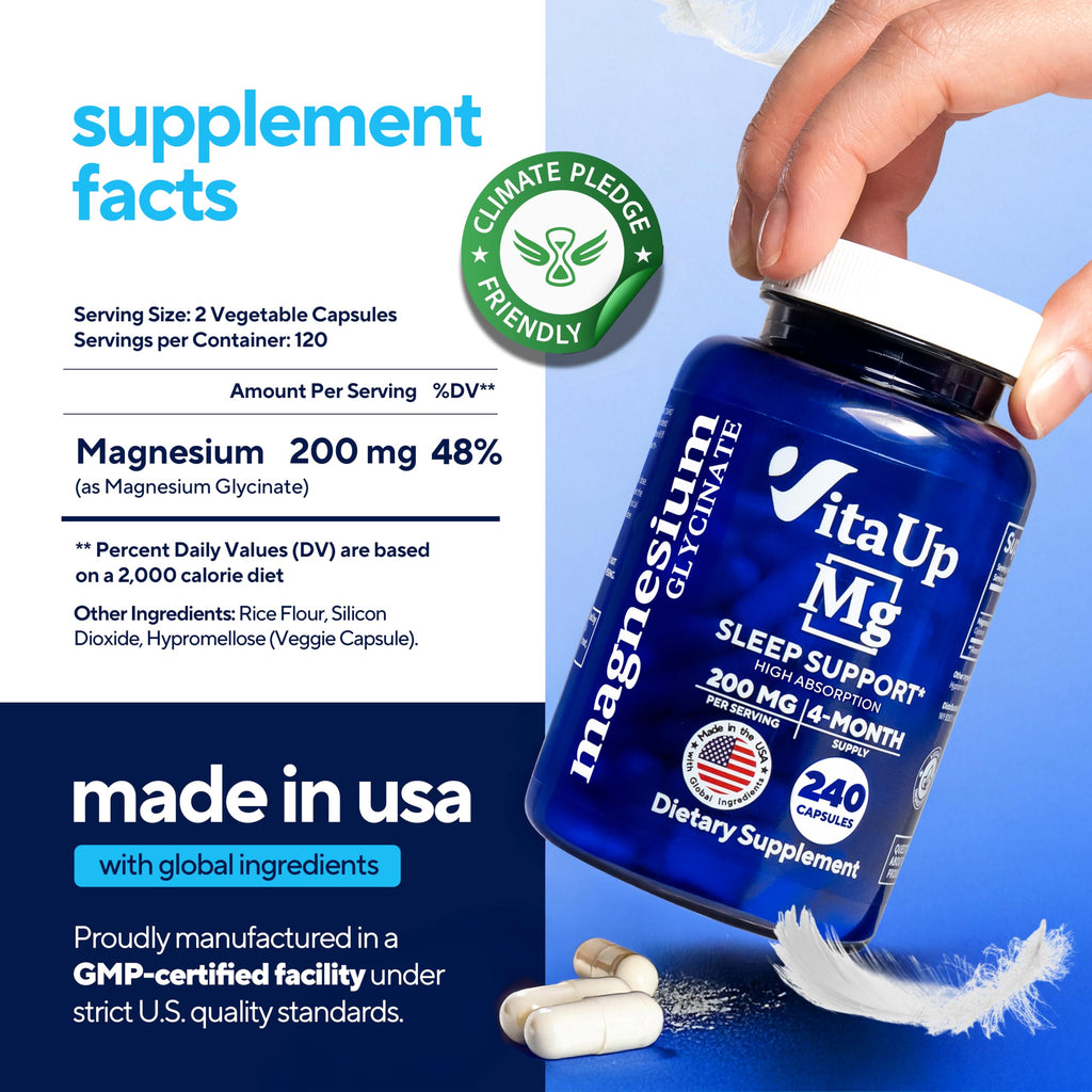 VitaUp Magnesium Glycinate 200mg – USA Made, Sleep & Heart Support