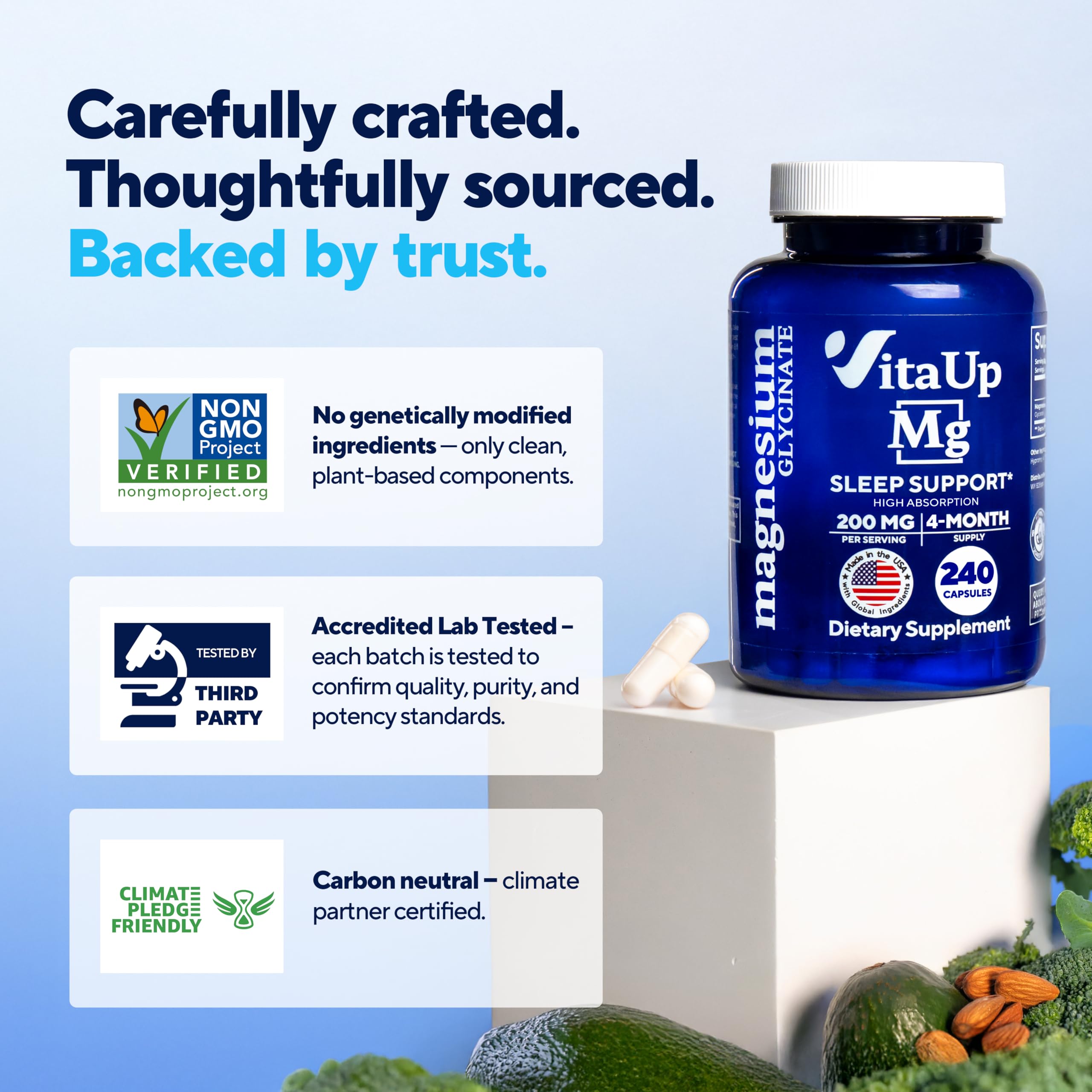 VitaUp Magnesium Glycinate 200mg – USA Made, Sleep & Heart Support