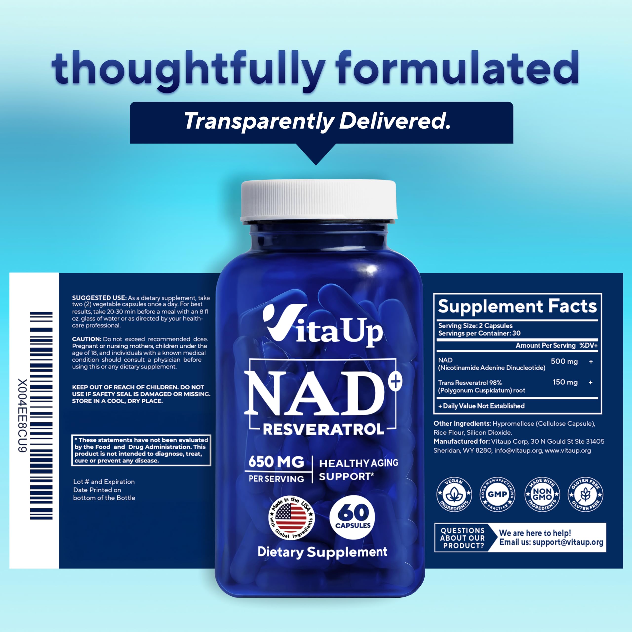VitaUp NAD+ Resveratrol Supplement - USA Made NAD+ 650mg for Healthy Aging, Energy & Focus - 60 Count