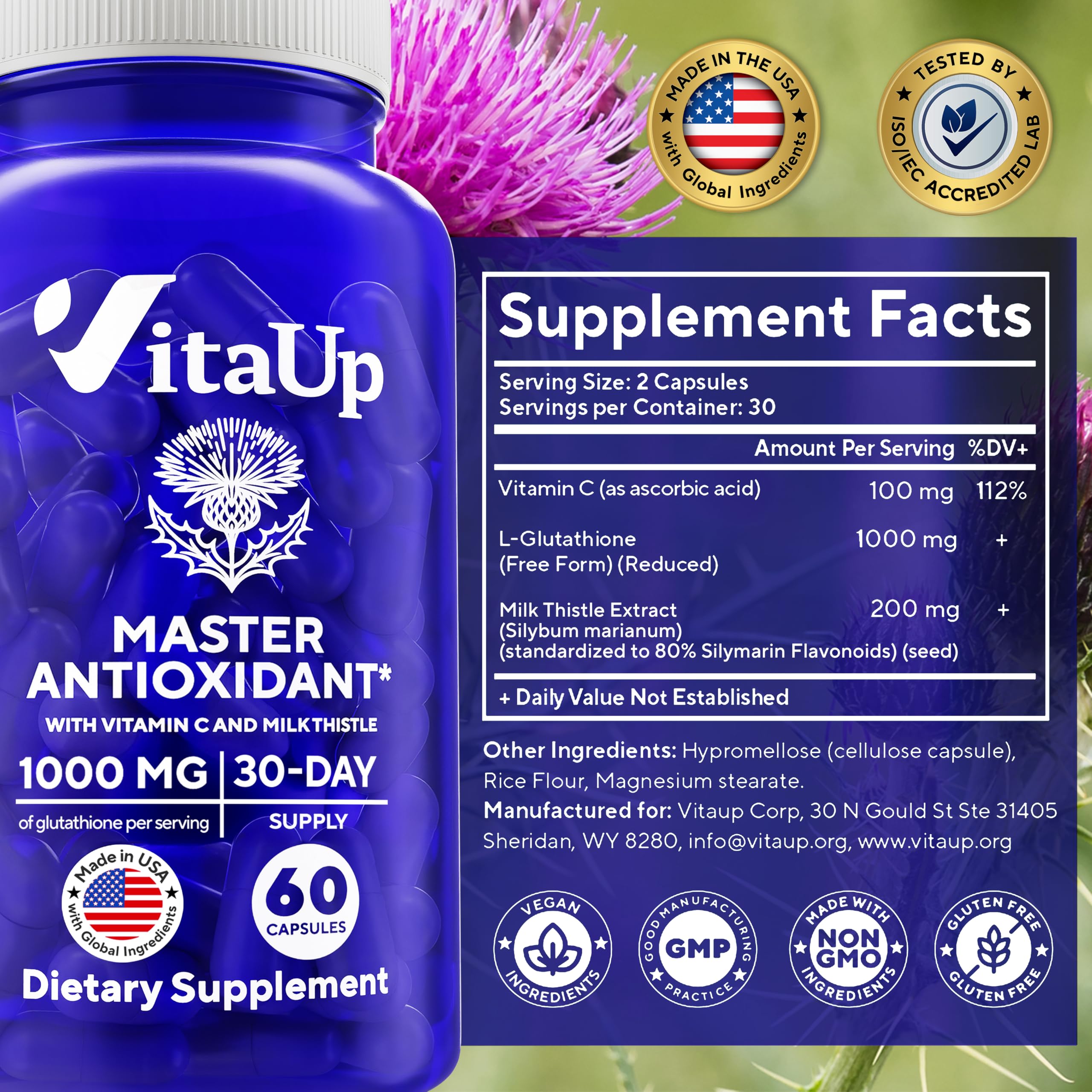VitaUp Reduced Glutathione 1000mg Capsules – USA Made, Vitamin C & Milk Thistle (60 Count)