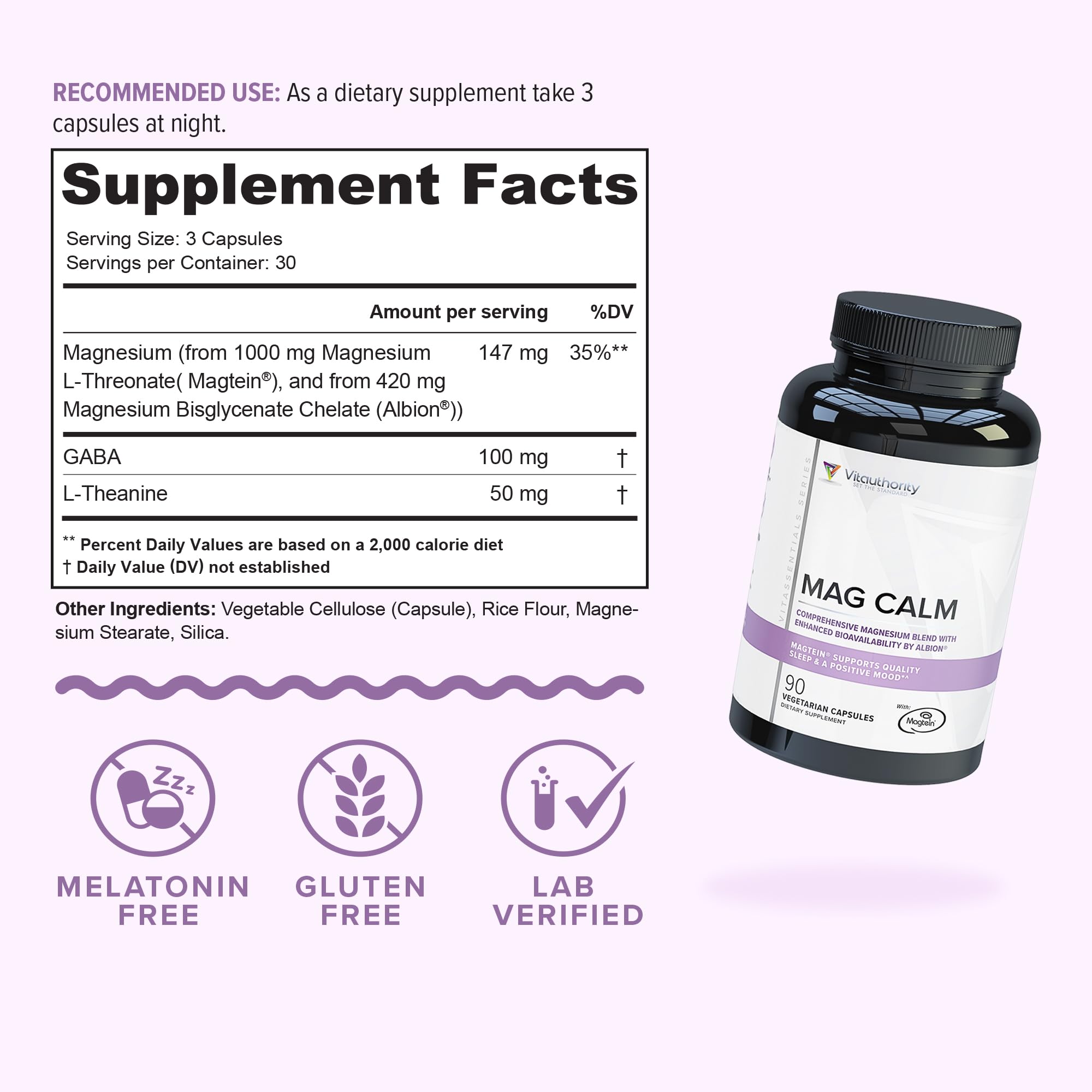 Vitauthority Magnesium L-Threonate Biglycenate Chelate Blend with GABA & L-Theanine Sleep Support - 90 Capsules (30 Servings)