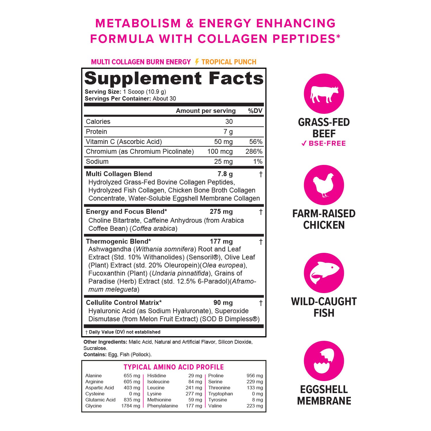 Vitauthority Multi Collagen Burn – 5 Types Collagen, Hyaluronic Acid, Vitamin C, SOD B Dimpless, Caffeine, Tropical Punch, 30 Servings
