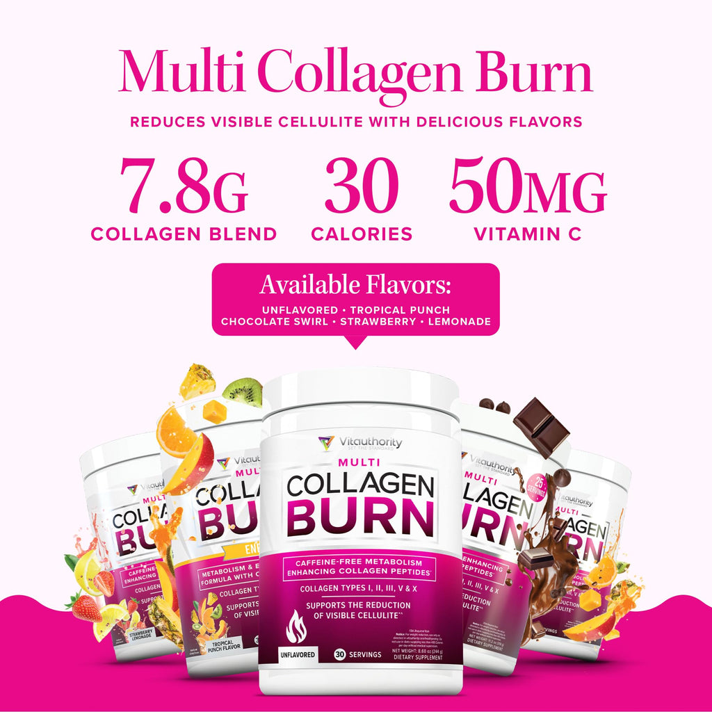 Vitauthority Multi Collagen Burn – 5 Types, Hyaluronic Acid, Vitamin C | Caffeine-Free Capsules