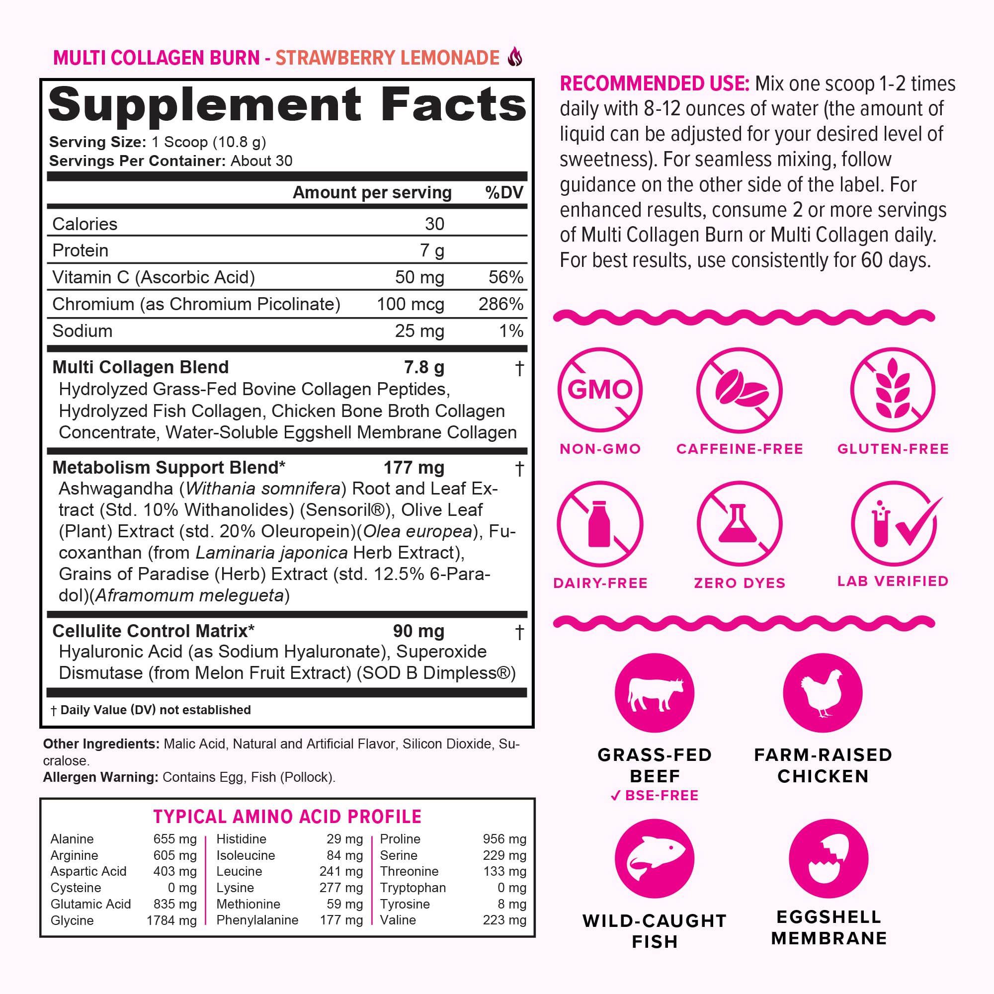 Vitauthority Multi Collagen Burn – Caffeine-Free Strawberry Lemonade, 30 Servings