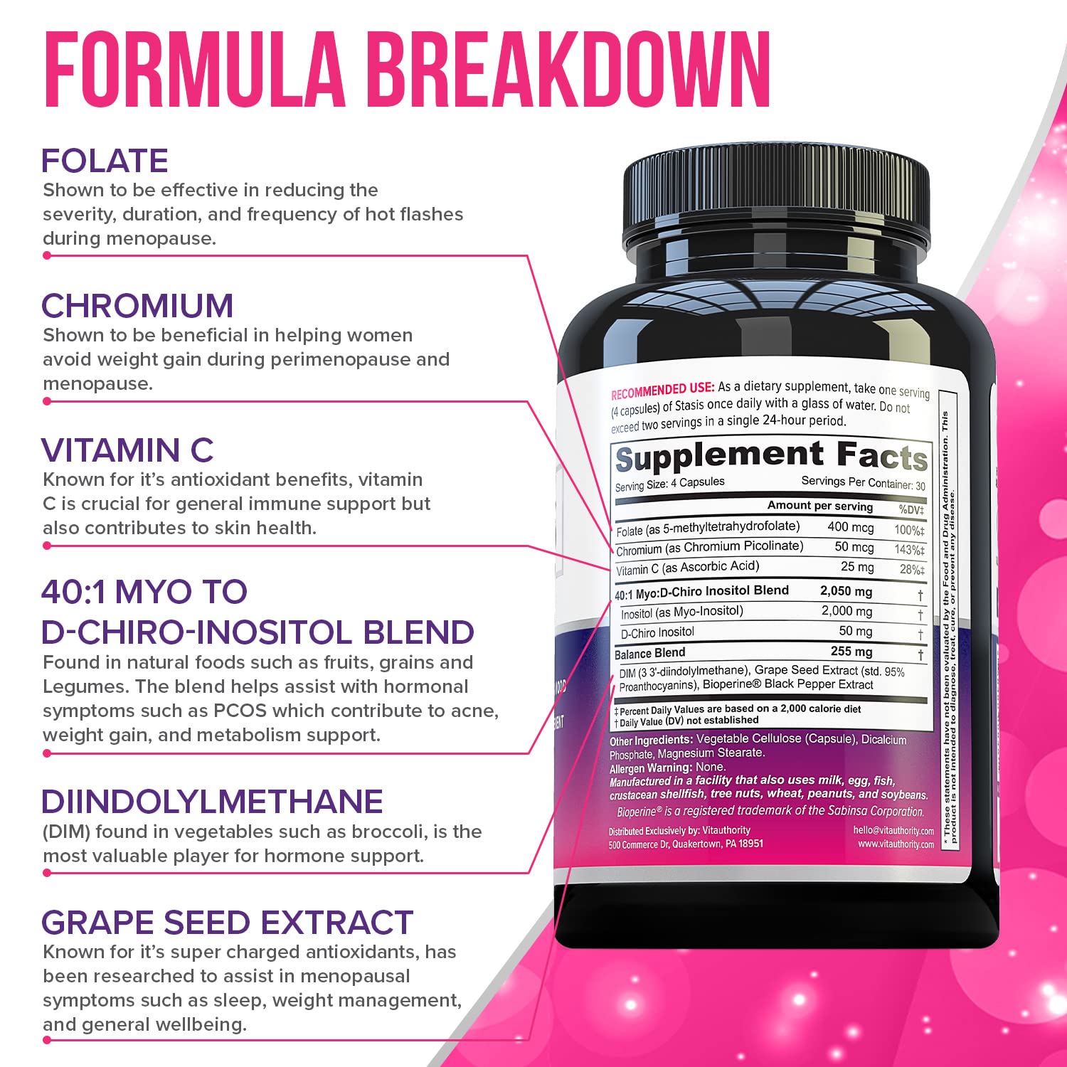 Vitauthority Women's Hormone Balance Supplement - 40:1 Myo-Inositol & D-Chiro Inositol + DIM | Skin, Energy & Cycle Support