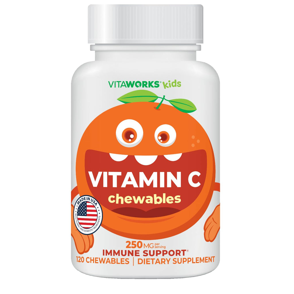 VitaWorks Kids Vitamin C Chewables – 250 mg Orange Flavor | 120 Chewables | Vegan & Gluten Free