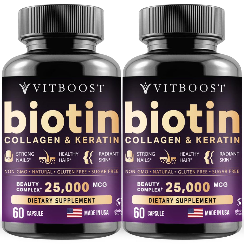 Vitboost Biotin with Hyaluronic Acid, Collagen & Keratin – 25000 mcg Hair Growth Vitamins for Men & Women – 120 Capsules – USA Made