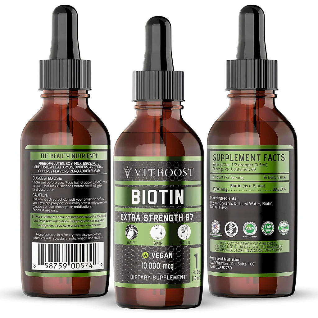 VITBOOST Extra Strength Biotin Liquid Drops 10,000mcg | Vegan Berry Flavor, 60 Servings