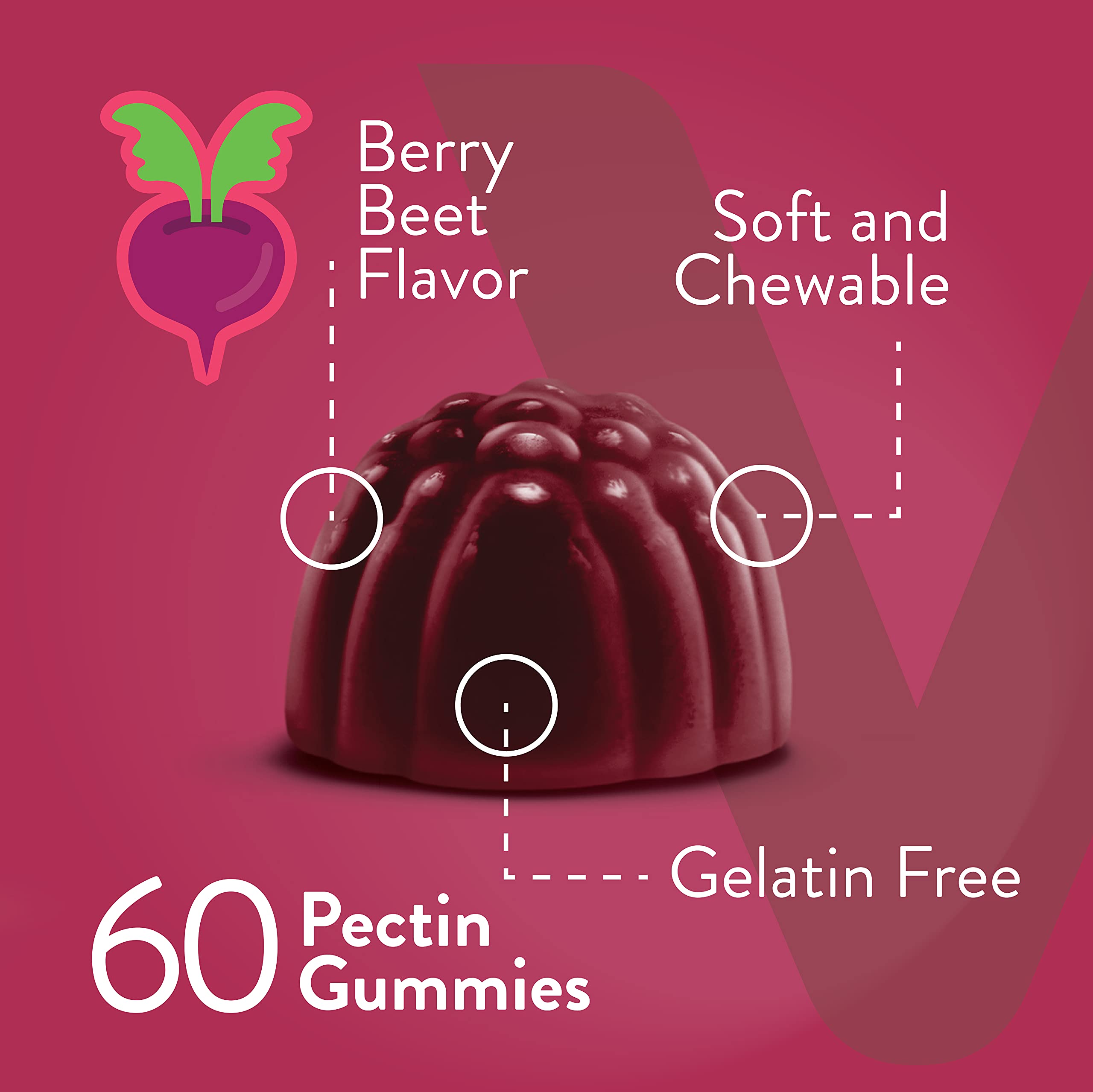 Viteey Beet Root Gummies with Magnesium & Vitamin C - Beetroot Supplement for Heart Health & Blood Pressure Support - Vegan, Gluten-Free - 60 Count