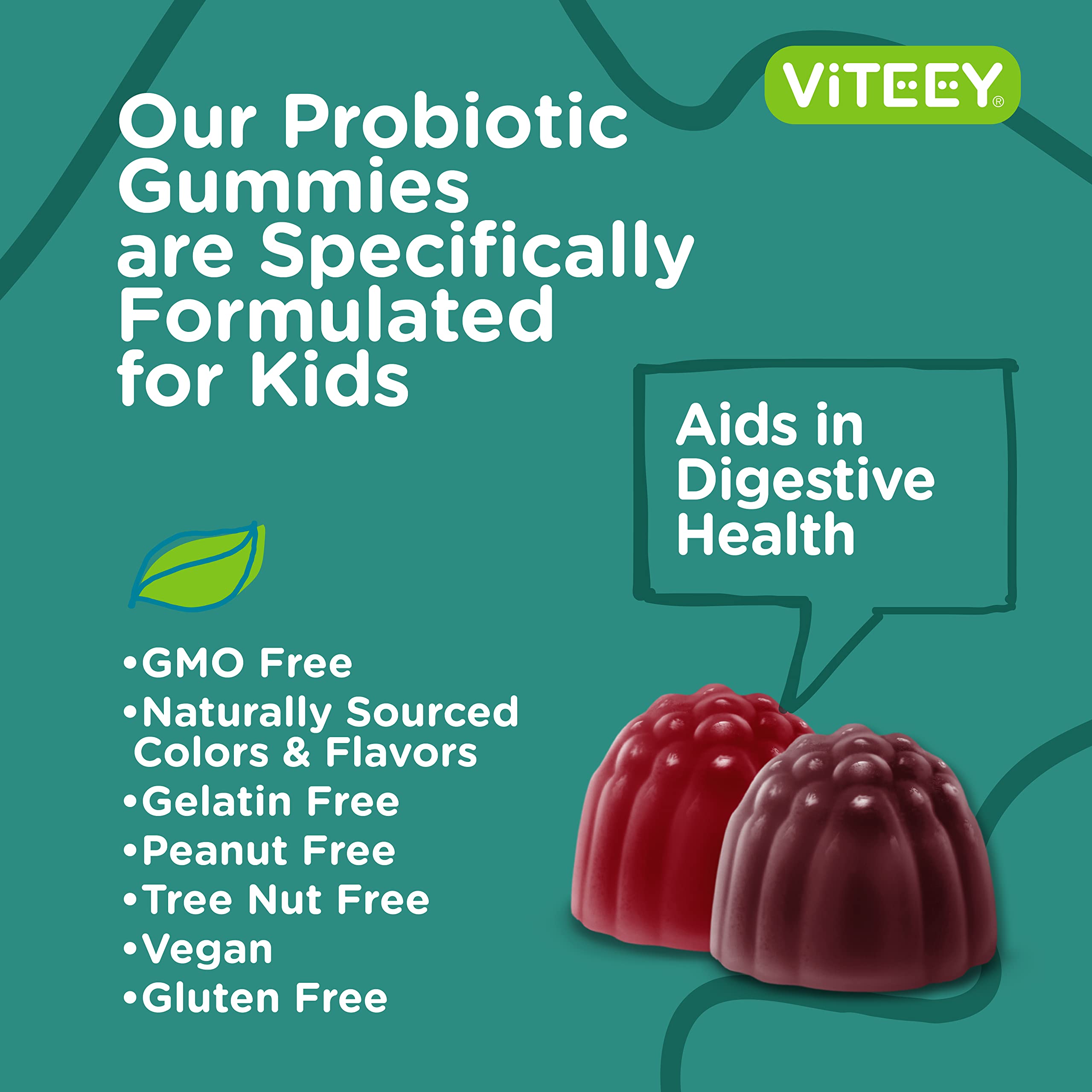 Viteey Probiotic Gummies for Kids with Prebiotic Fiber - 2B CFUs | Digestive & Gut Health, Constipation Relief - Vegan, Gelatin-Free, Berry Chewable
