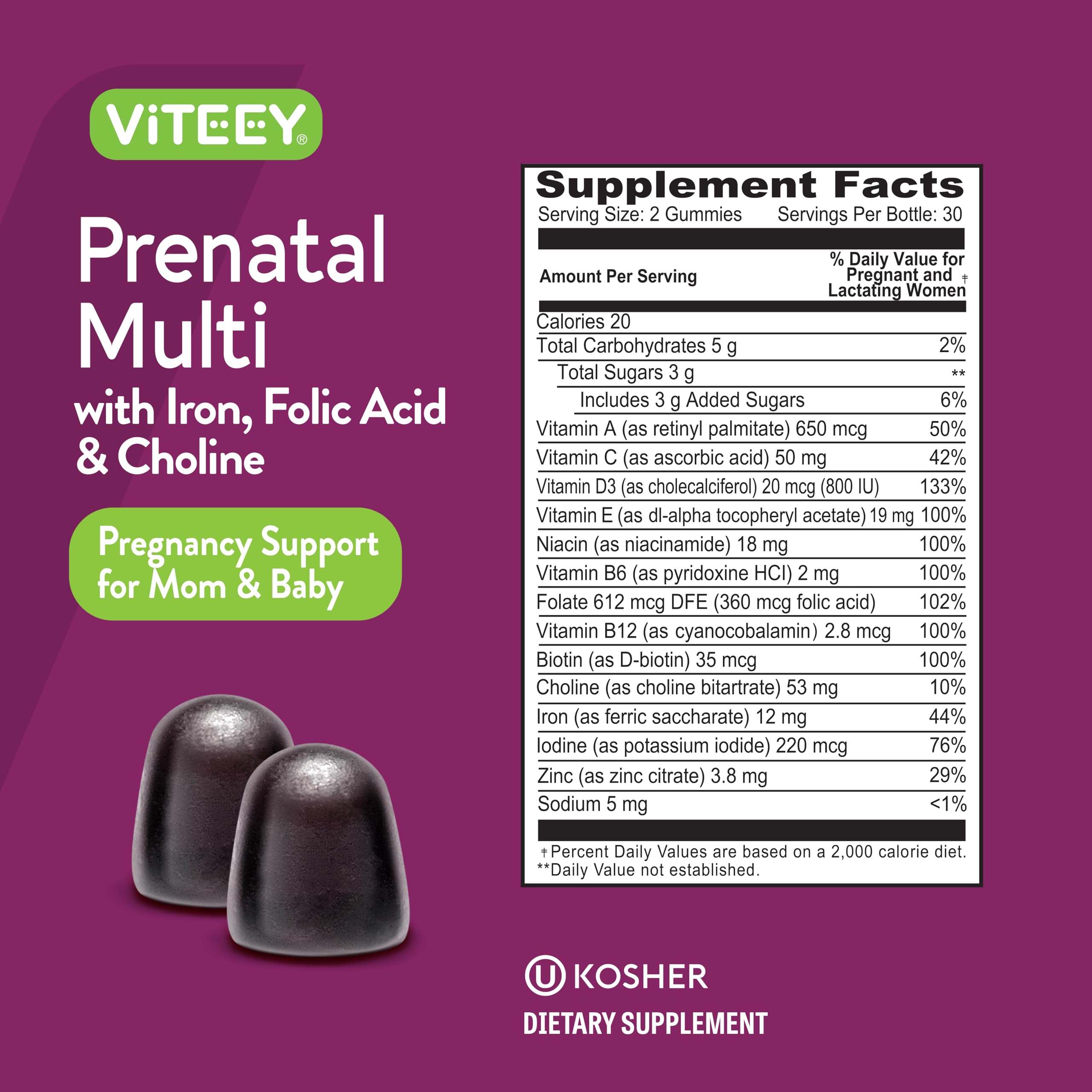 Viteey Prenatal Gummies for Women – Iron, Folic Acid & Choline | 120 Count