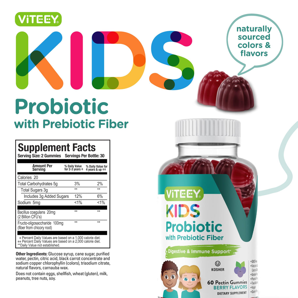Viteey Probiotic Gummies for Kids with Prebiotic Fiber - 2B CFUs | Digestive & Gut Health, Constipation Relief - Vegan, Gelatin-Free, Berry Chewable