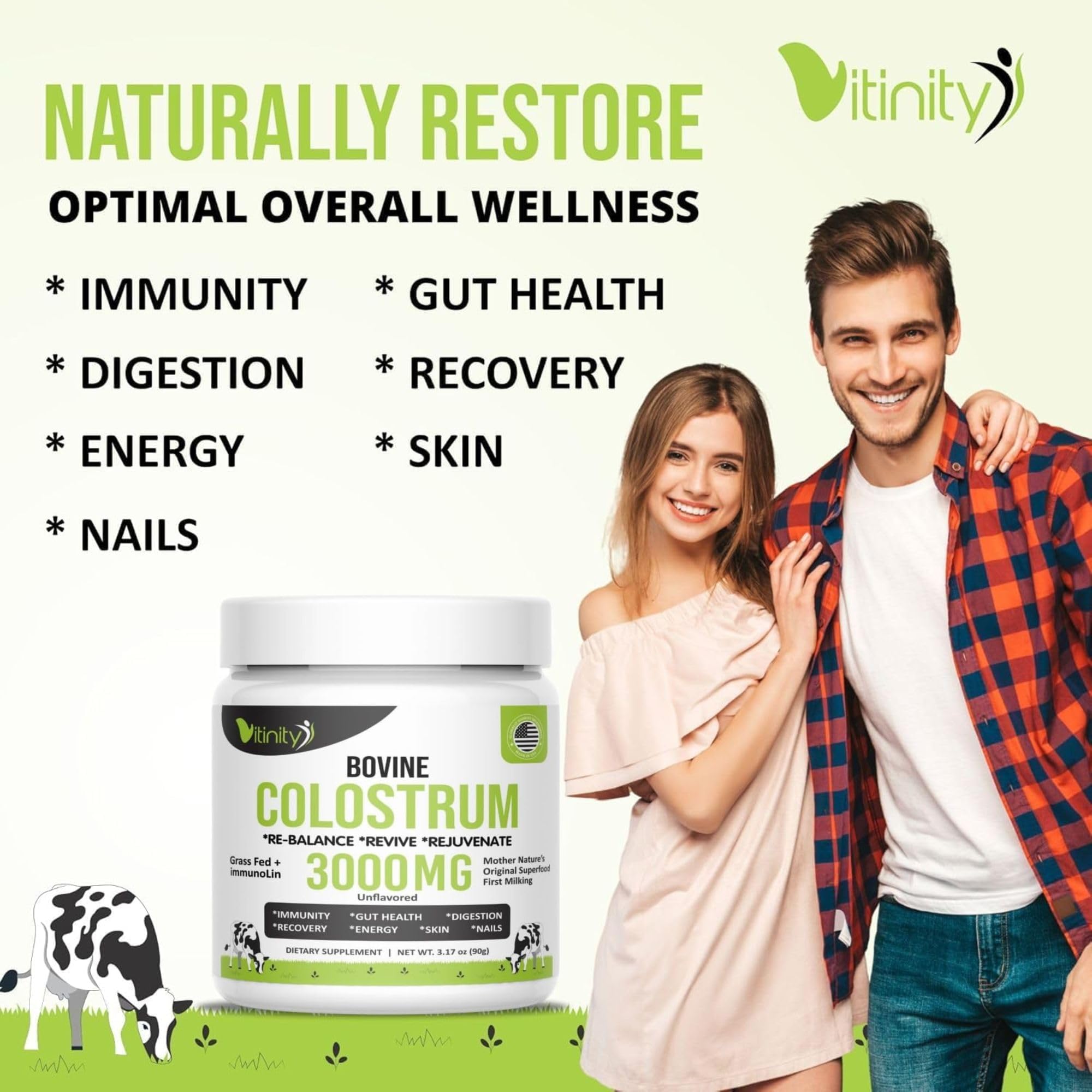 VITINITY Grass Fed Bovine Colostrum Powder 3000 mg – Immune Support & Gut Health | Unflavored 2 Pack