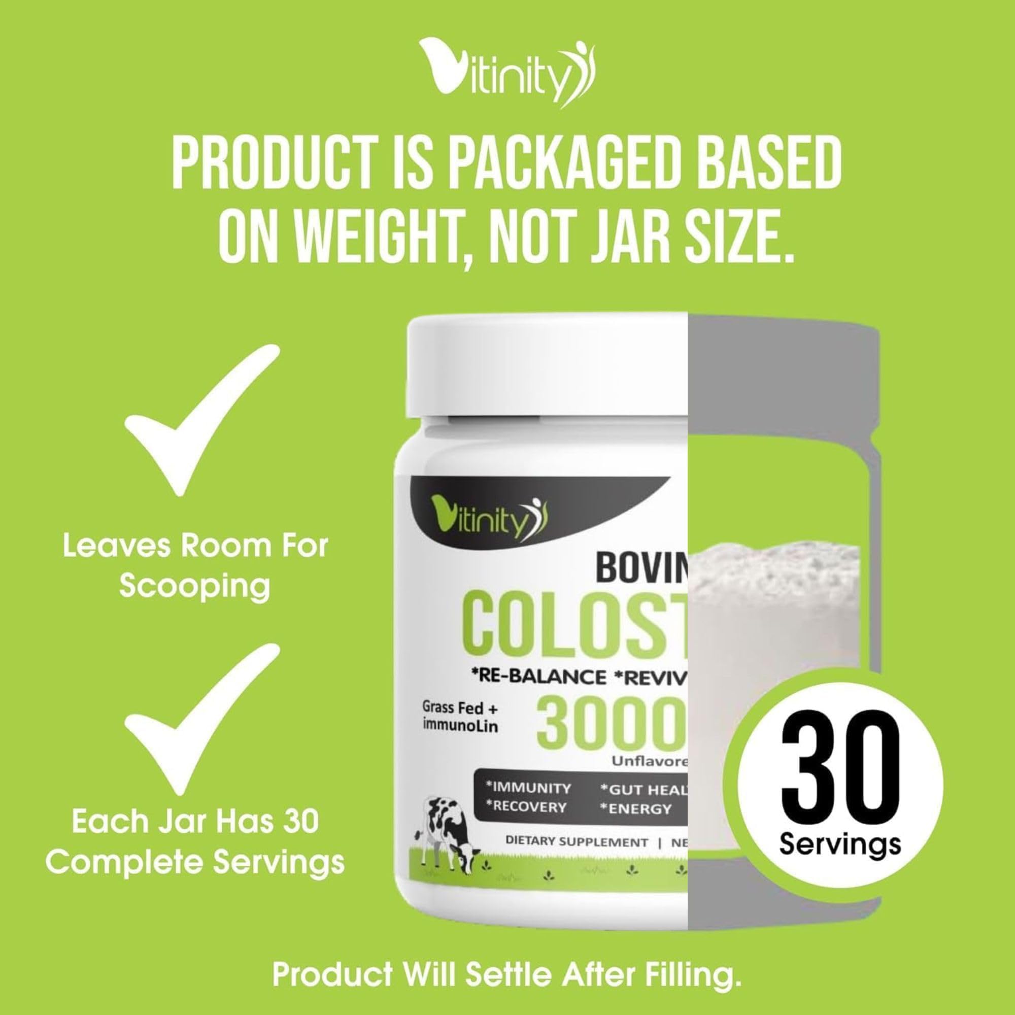 VITINITY Grass Fed Bovine Colostrum Powder 3000 mg – Immune Support & Gut Health | Unflavored 2 Pack
