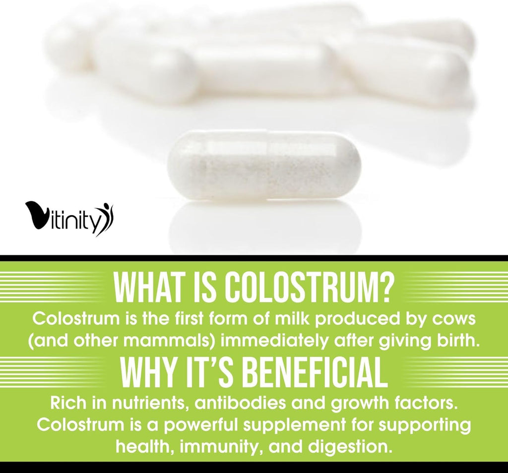 VITINITY Grass Fed Bovine Colostrum Capsules for Humans | Gut Health & Immunity | 120 Count