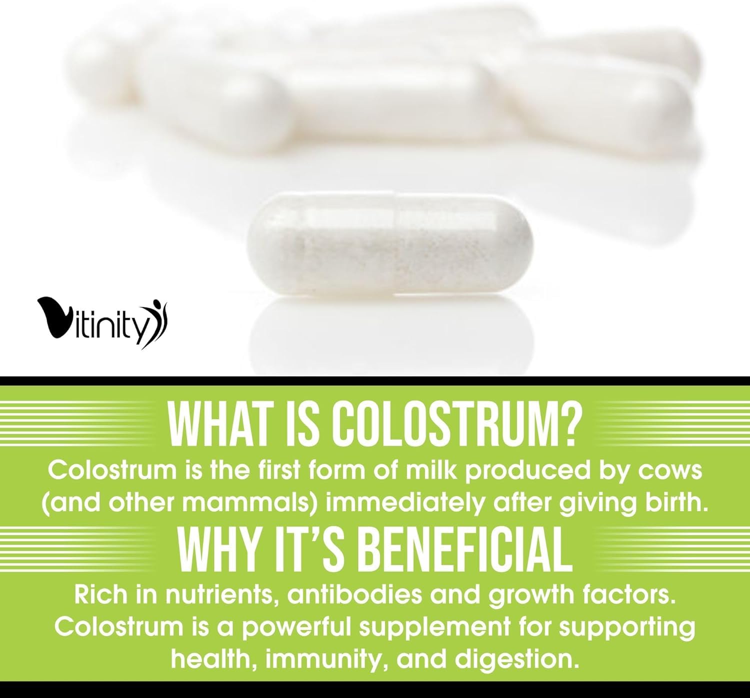 VITINITY Grass Fed Bovine Colostrum Capsules for Humans | Gut Health & Immunity | 120 Count