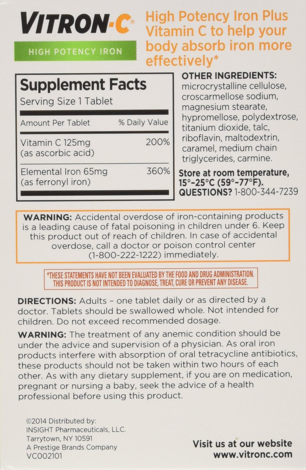 VITRON-C High Potency Iron + Vitamin C Tablets – 60 Ea, 3 Pack