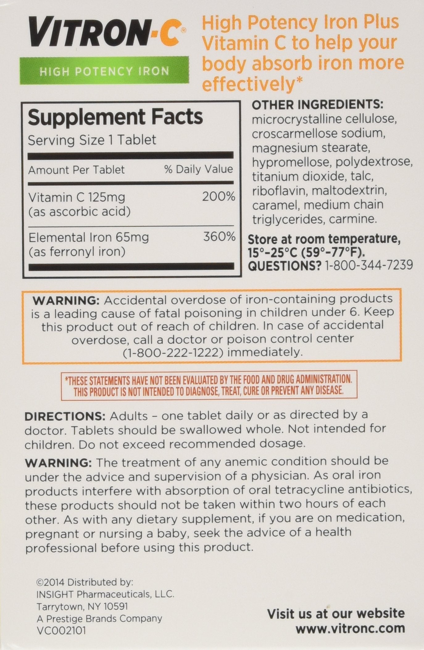 VITRON-C High Potency Iron + Vitamin C Tablets – 60 Ea, 3 Pack