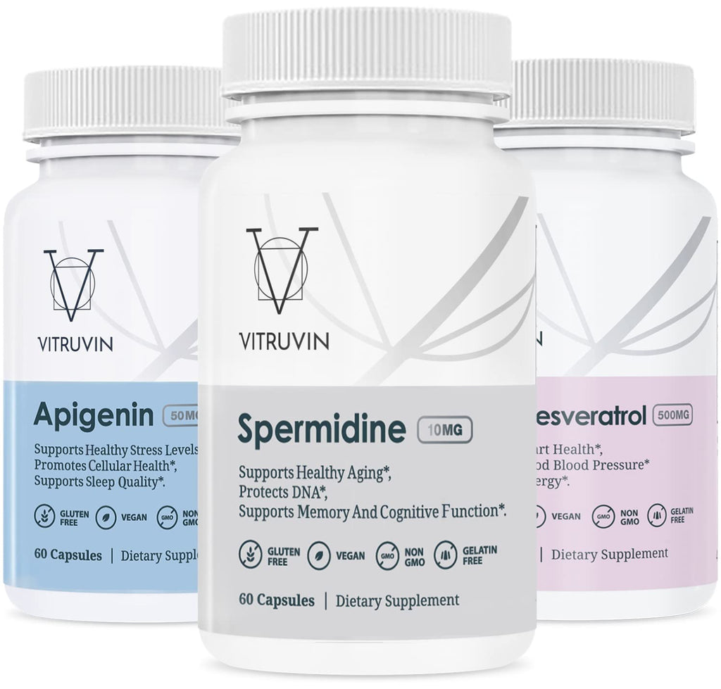 VITRUVIN Longevity Plus - Spermidine 2x10mg, Apigenin 2x50mg, Resveratrol 500mg + Piperine 5mg | Vegan, Non-GMO, Gluten-Free, Gelatin-Free