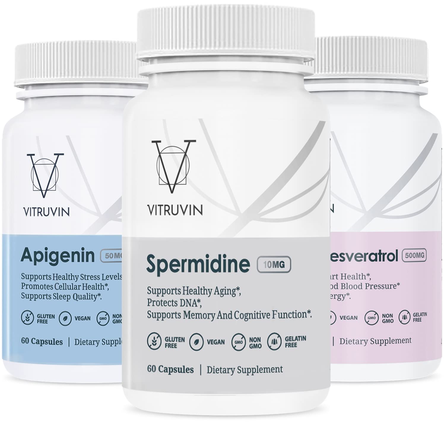 VITRUVIN Longevity Plus - Spermidine 2x10mg, Apigenin 2x50mg, Resveratrol 500mg + Piperine 5mg | Vegan, Non-GMO, Gluten-Free, Gelatin-Free
