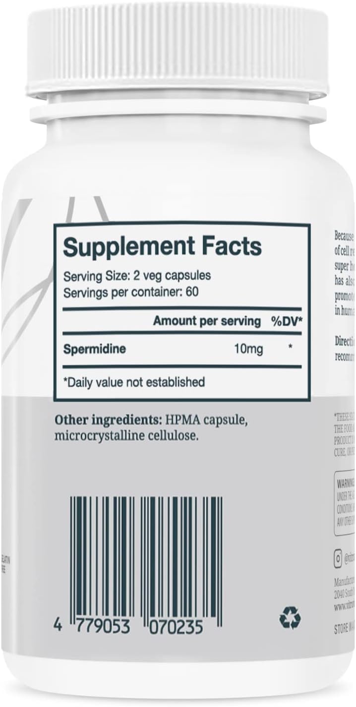 VITRUVIN Longevity Plus - Spermidine 2x10mg, Apigenin 2x50mg, Resveratrol 500mg + Piperine 5mg | Vegan, Non-GMO, Gluten-Free, Gelatin-Free