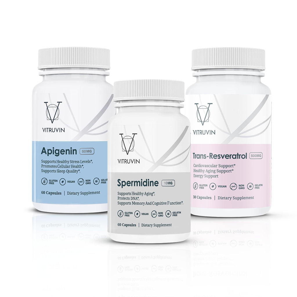 VITRUVIN Longevity Plus - Spermidine 2x10mg, Apigenin 2x50mg, Resveratrol 500mg + Piperine 5mg | Vegan, Non-GMO, Gluten-Free, Gelatin-Free