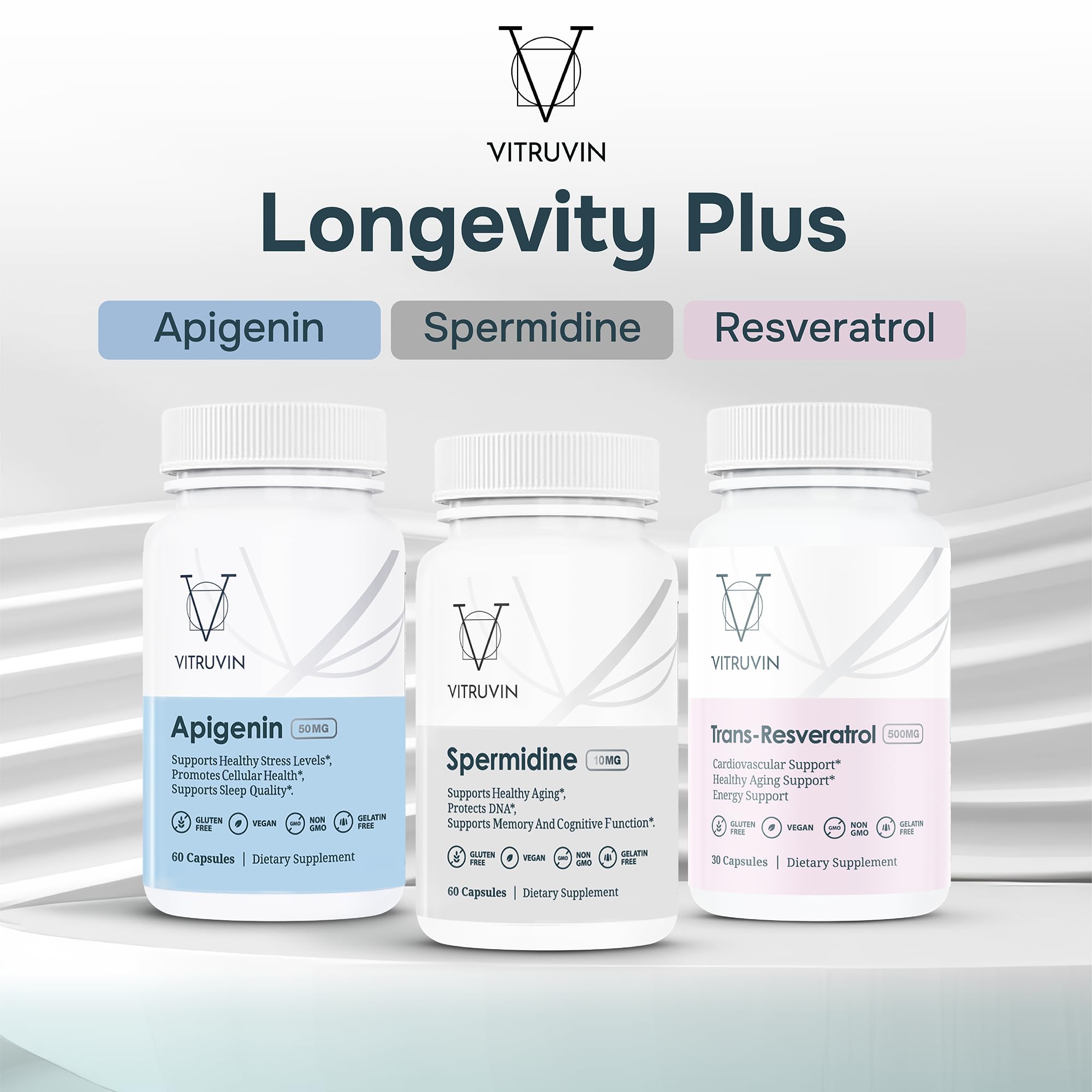 VITRUVIN Longevity Plus - Spermidine 2x10mg, Apigenin 2x50mg, Resveratrol 500mg + Piperine 5mg | Vegan, Non-GMO, Gluten-Free, Gelatin-Free