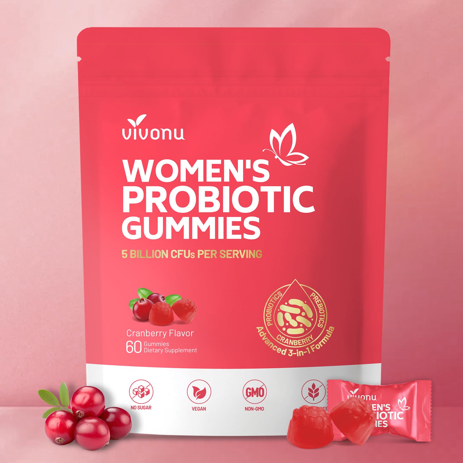 VivoNu Vaginal Probiotics for Women - Feminine Balance Gummies with Vitamin C & Cranberry (60 Gummies)