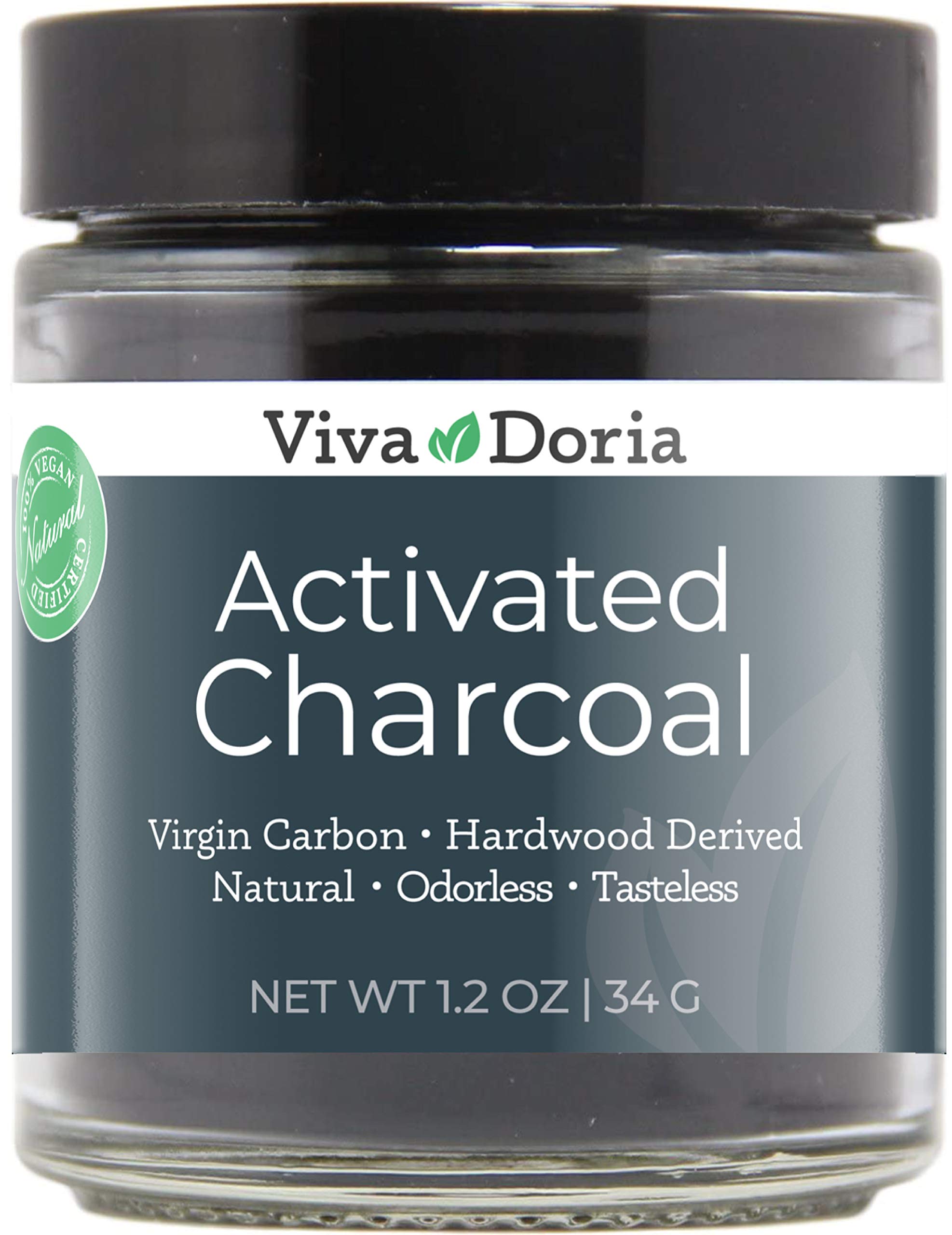 Viva Doria Activated Charcoal Powder – Hardwood Derived, Food Grade, 1.2 oz Glass Jar