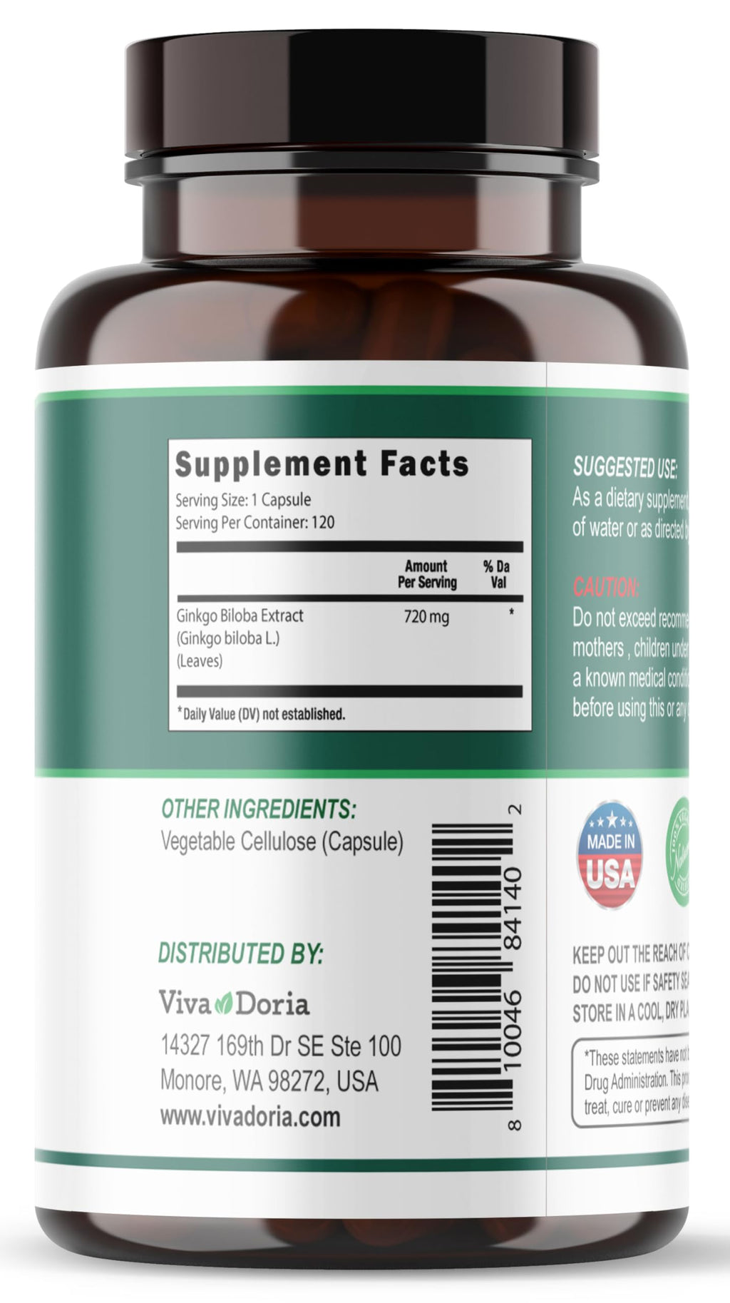 Viva Doria Ginkgo Biloba 720mg - Brain Function & Memory Support | 120 Veg Capsules
