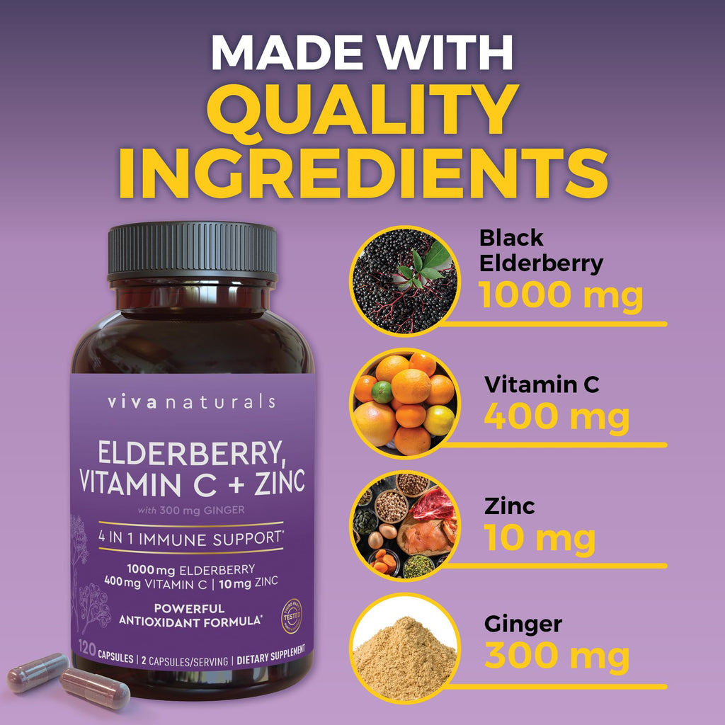 Viva Naturals Elderberry with Vitamin C and Zinc (120 Capsules) - 1000mg Sambucus Elderberry Immune Support Supplement, Black Elderberry Capsules for Adults - 2 Months Supply