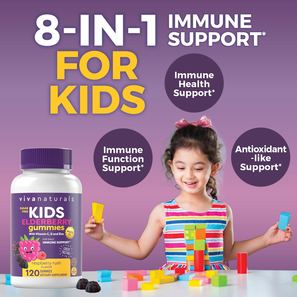 Viva Naturals Sugar-Free Sambucus Elderberry Gummies for Kids - 8-in-1 Immune Support | Vitamin C & Zinc | Vegan & Gluten-Free (120 count)
