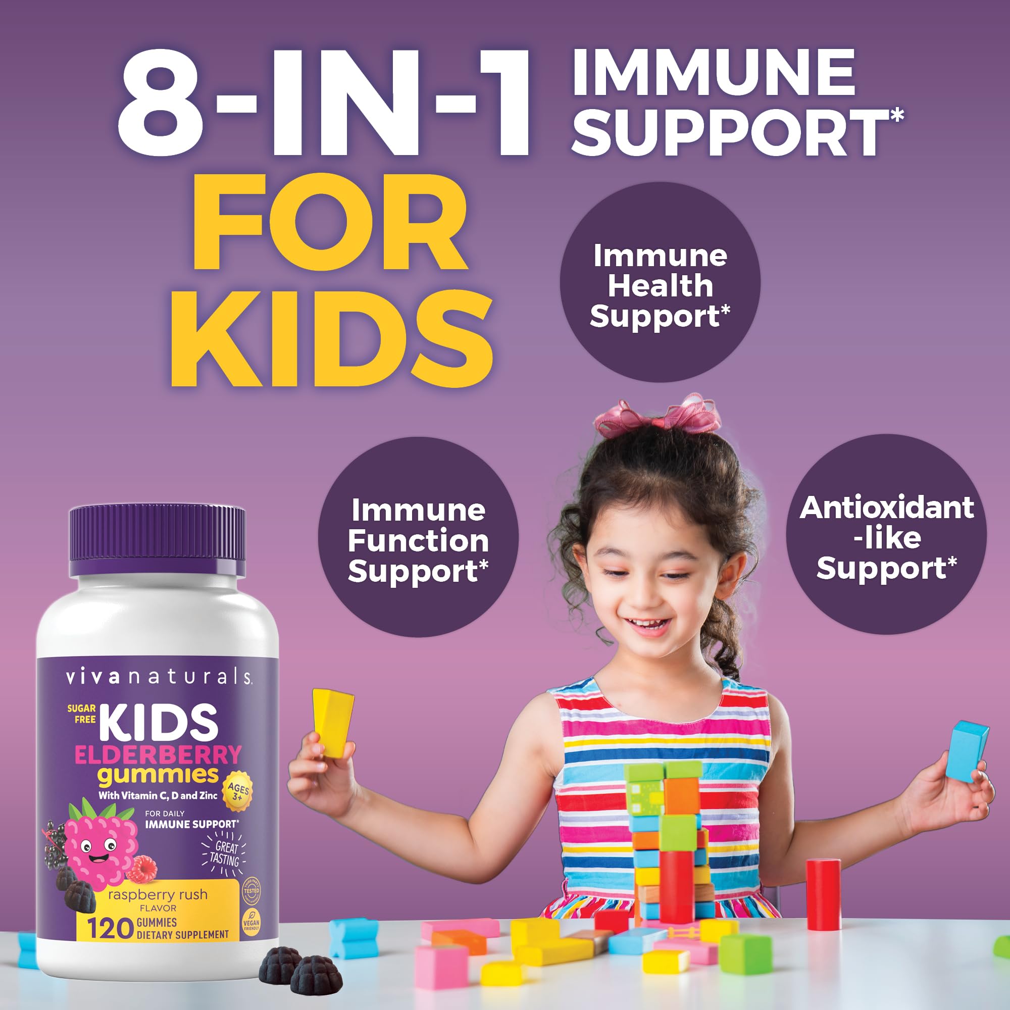 Viva Naturals Sugar-Free Sambucus Elderberry Gummies for Kids - 8-in-1 Immune Support | Vitamin C & Zinc | Vegan & Gluten-Free (120 count)