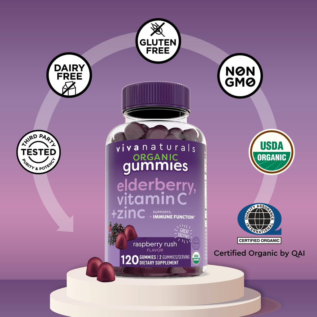 Viva Naturals Sambucus Elderberry Gummies for Adults – 120 Count | Immune Support