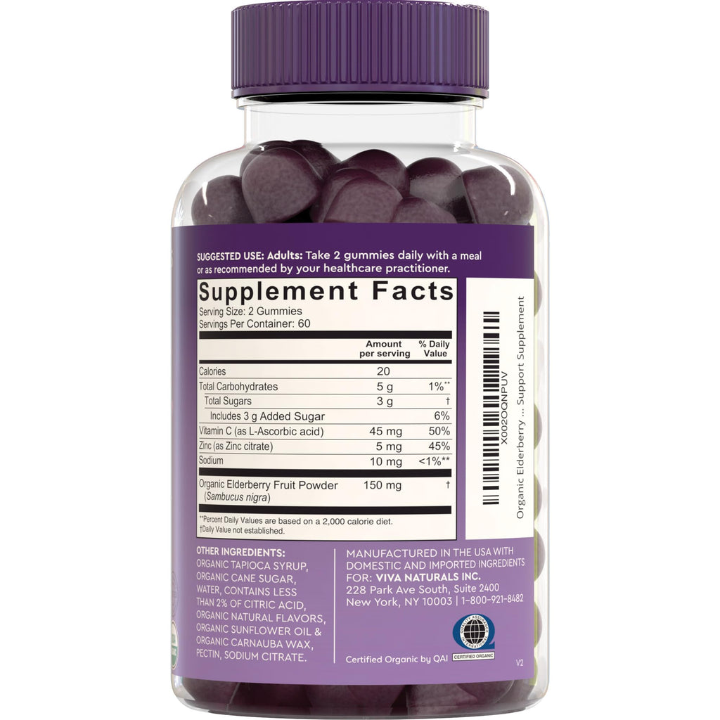 Viva Naturals Sambucus Elderberry Gummies for Adults – 120 Count | Immune Support