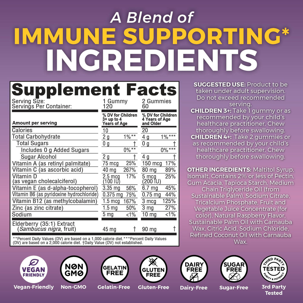 Viva Naturals Sugar-Free Sambucus Elderberry Gummies for Kids - 8-in-1 Immune Support | Vitamin C & Zinc | Vegan & Gluten-Free (120 count)