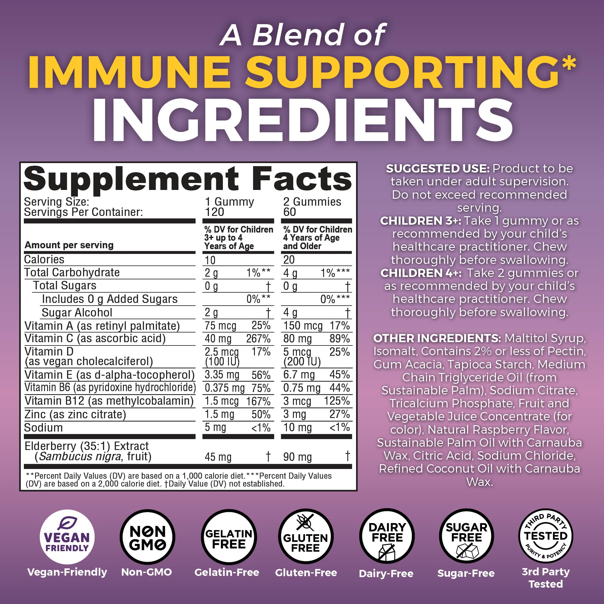 Viva Naturals Sugar-Free Sambucus Elderberry Gummies for Kids - 8-in-1 Immune Support | Vitamin C & Zinc | Vegan & Gluten-Free (120 count)