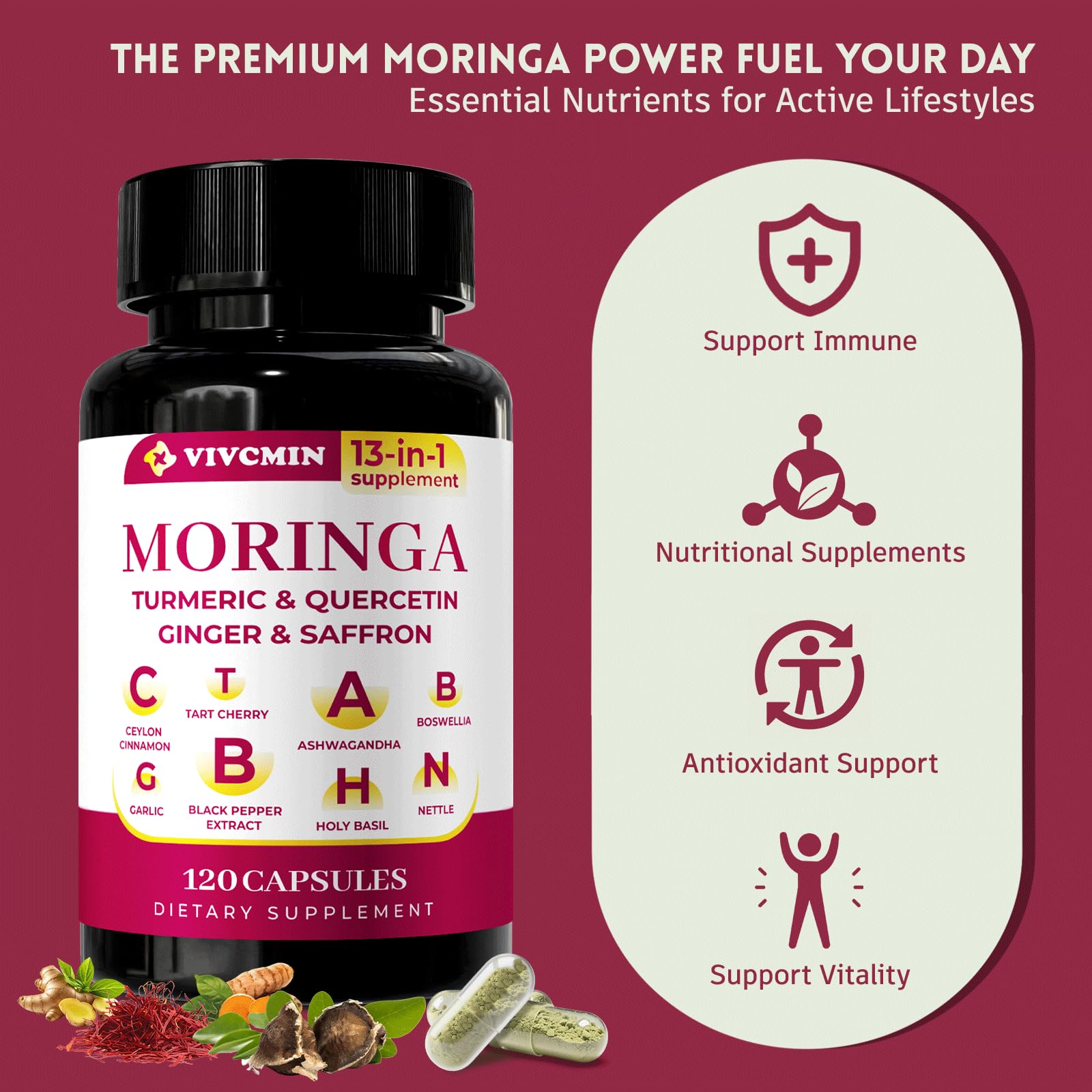 vivcmin 2-Pack Moringa Capsules 1000 mg | Turmeric, Ginger, Quercetin, Saffron | 240 Caps