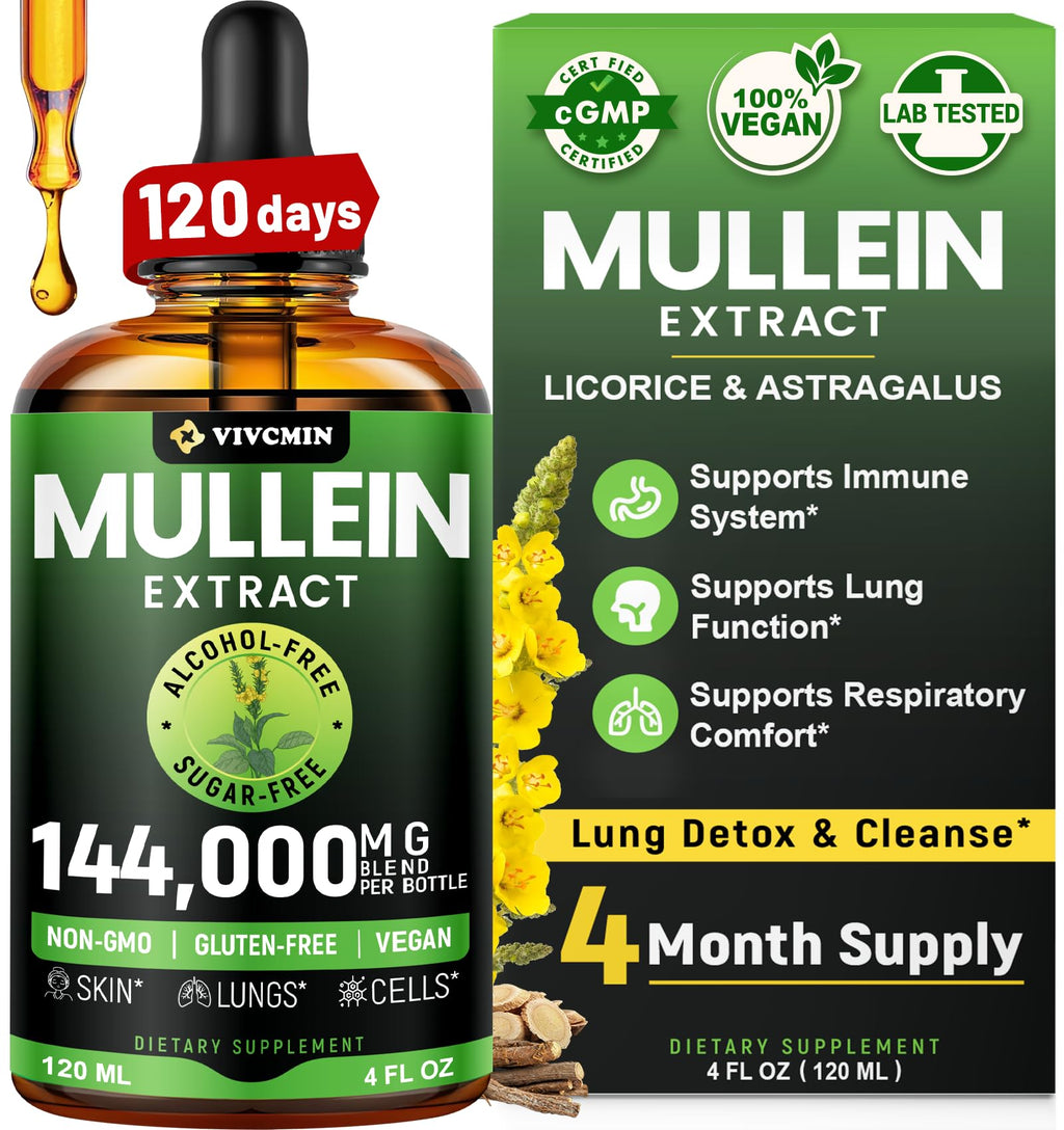 vivcmin Mullein Drops for Lungs with Licorice & Astragalus, Respiratory & Immune Support, Lung Detox for Smokers Tincture, Mullein Leaf Extract for Lung Cleanse, Sugar & Alcohol-Free, 4 fl oz