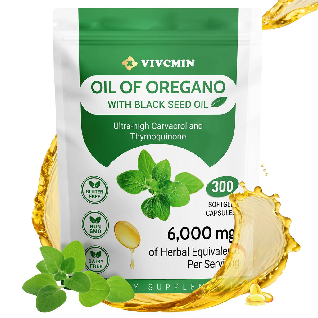 vivcmin Oregano Oil 300 Softgels – 6000mg Oregano Oil with Black Seed Oil | Immune & Digestive Support | Non-GMO | 150 Days Supply