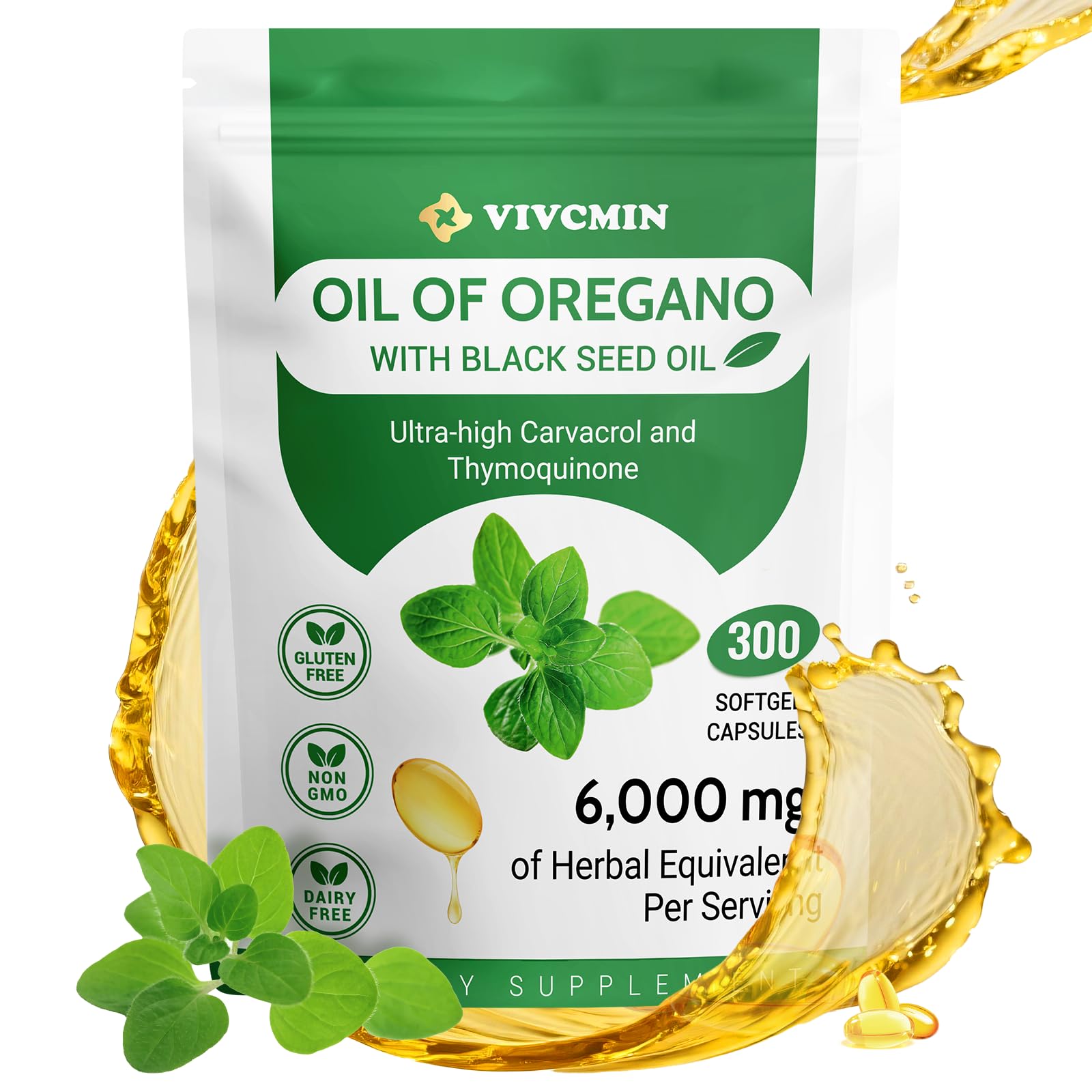 vivcmin Oregano Oil 300 Softgels – 6000mg Oregano Oil with Black Seed Oil | Immune & Digestive Support | Non-GMO | 150 Days Supply