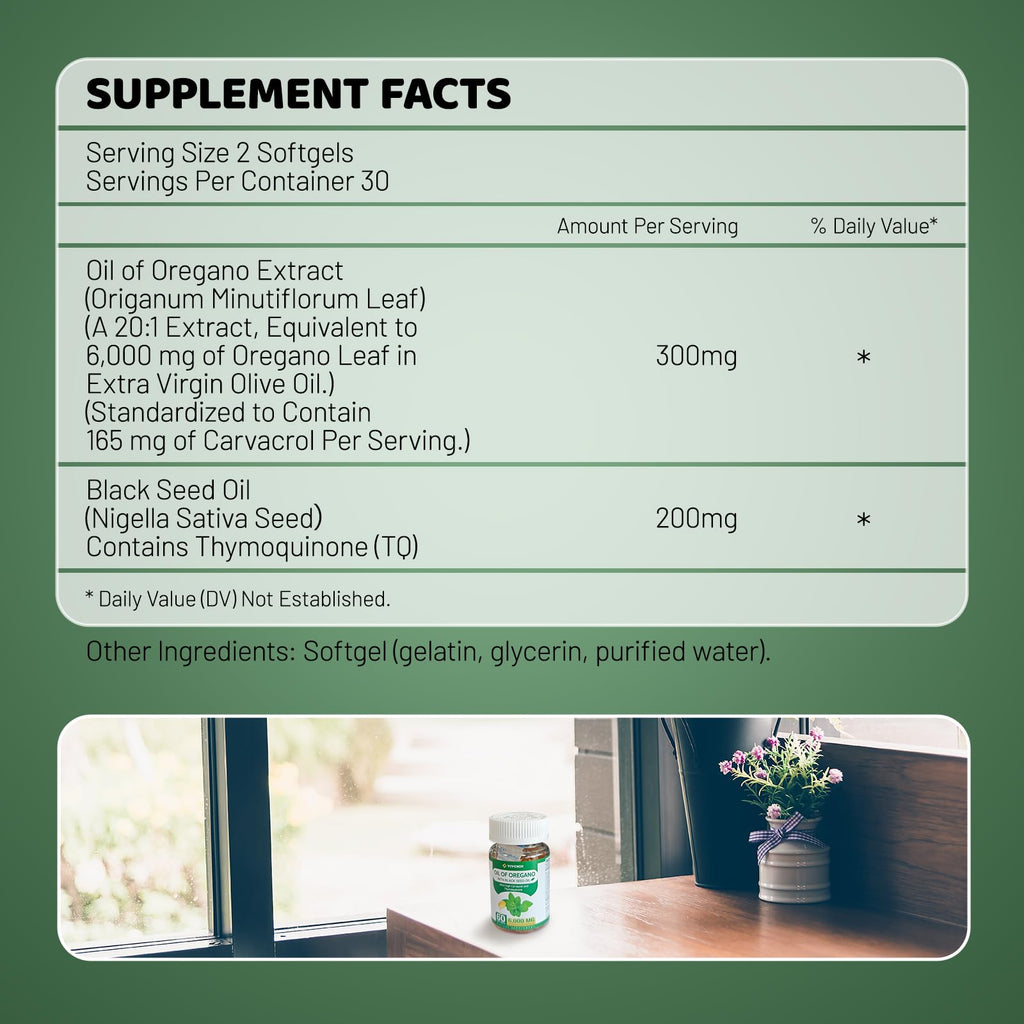 Vivcmin Oil of Oregano with Black Seed Oil - 60 Softgels | Carvacrol Immune Support